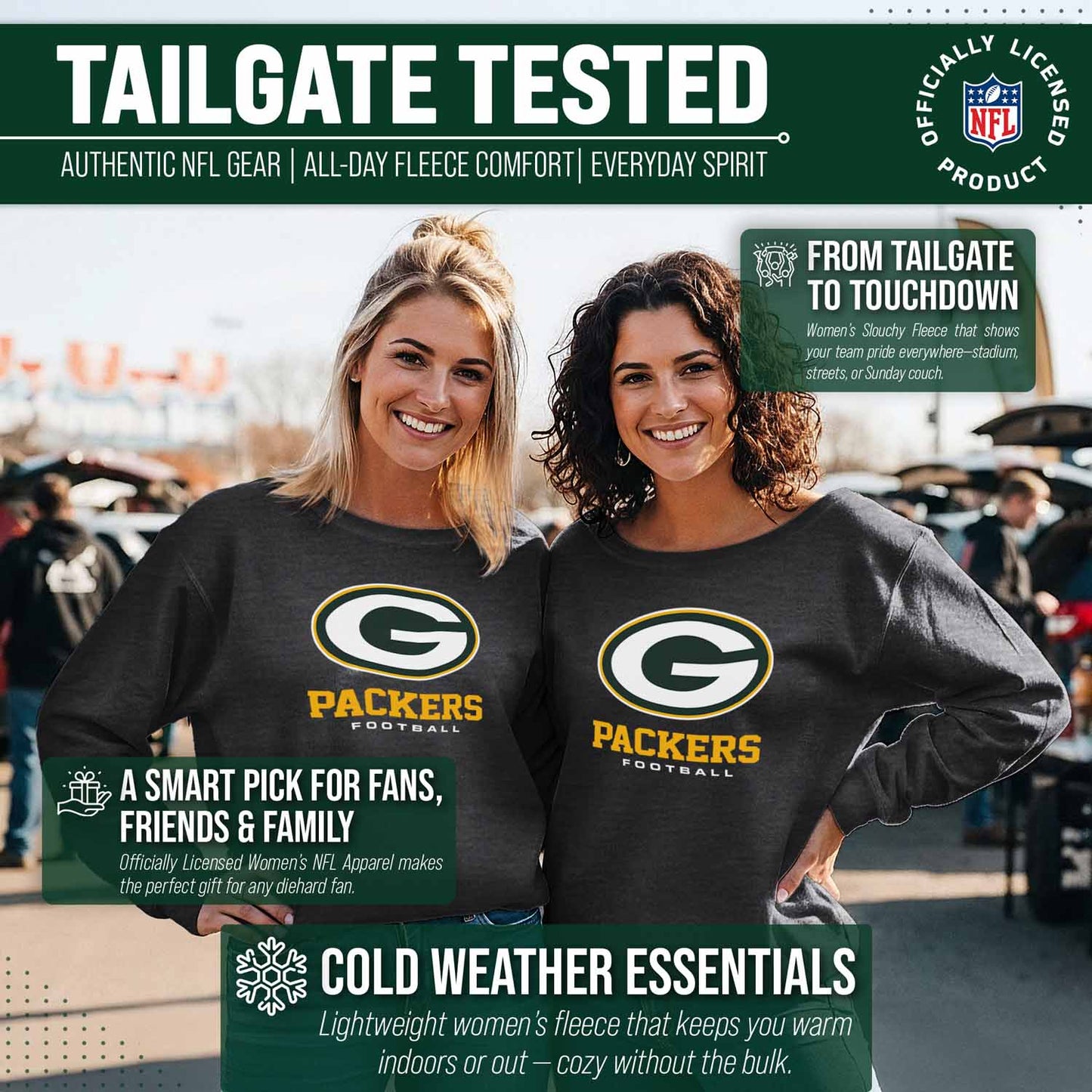 Green Bay Packers NFL Womens Ultimate Fan French Terry Slouchy Top- Raglan Sleeves - Charcoal