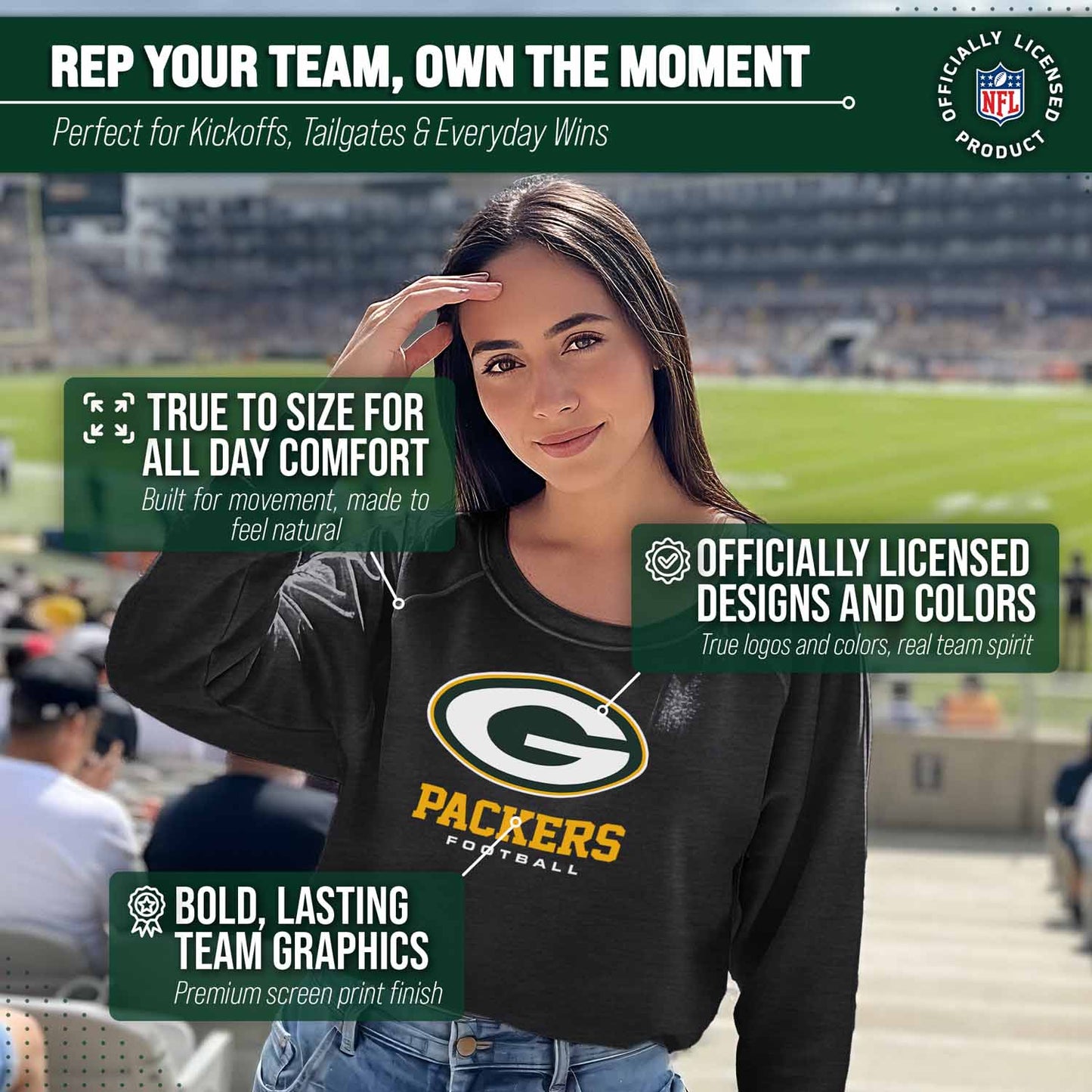 Green Bay Packers NFL Womens Ultimate Fan French Terry Slouchy Top- Raglan Sleeves - Charcoal