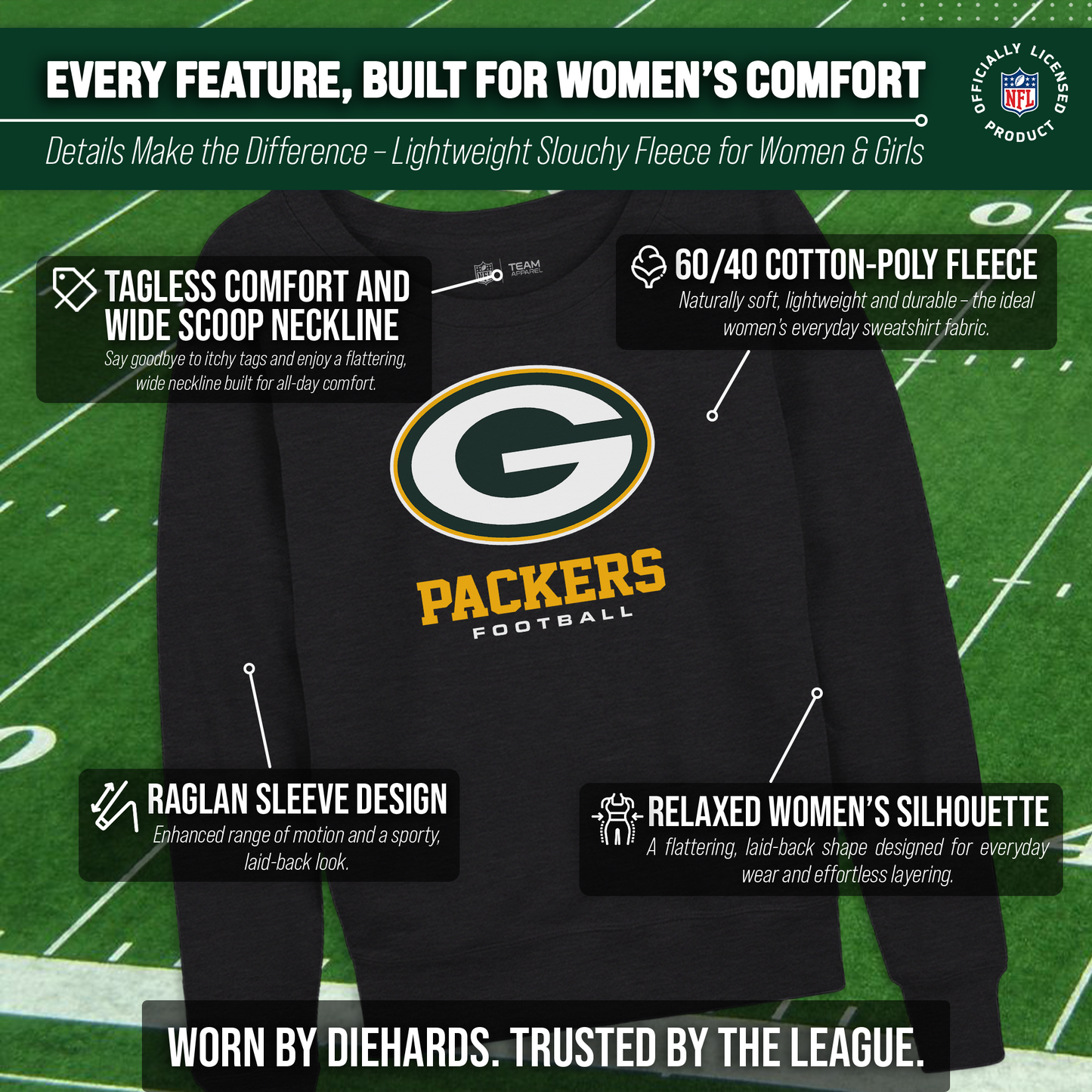 Green Bay Packers NFL Womens Ultimate Fan French Terry Slouchy Top- Raglan Sleeves - Charcoal