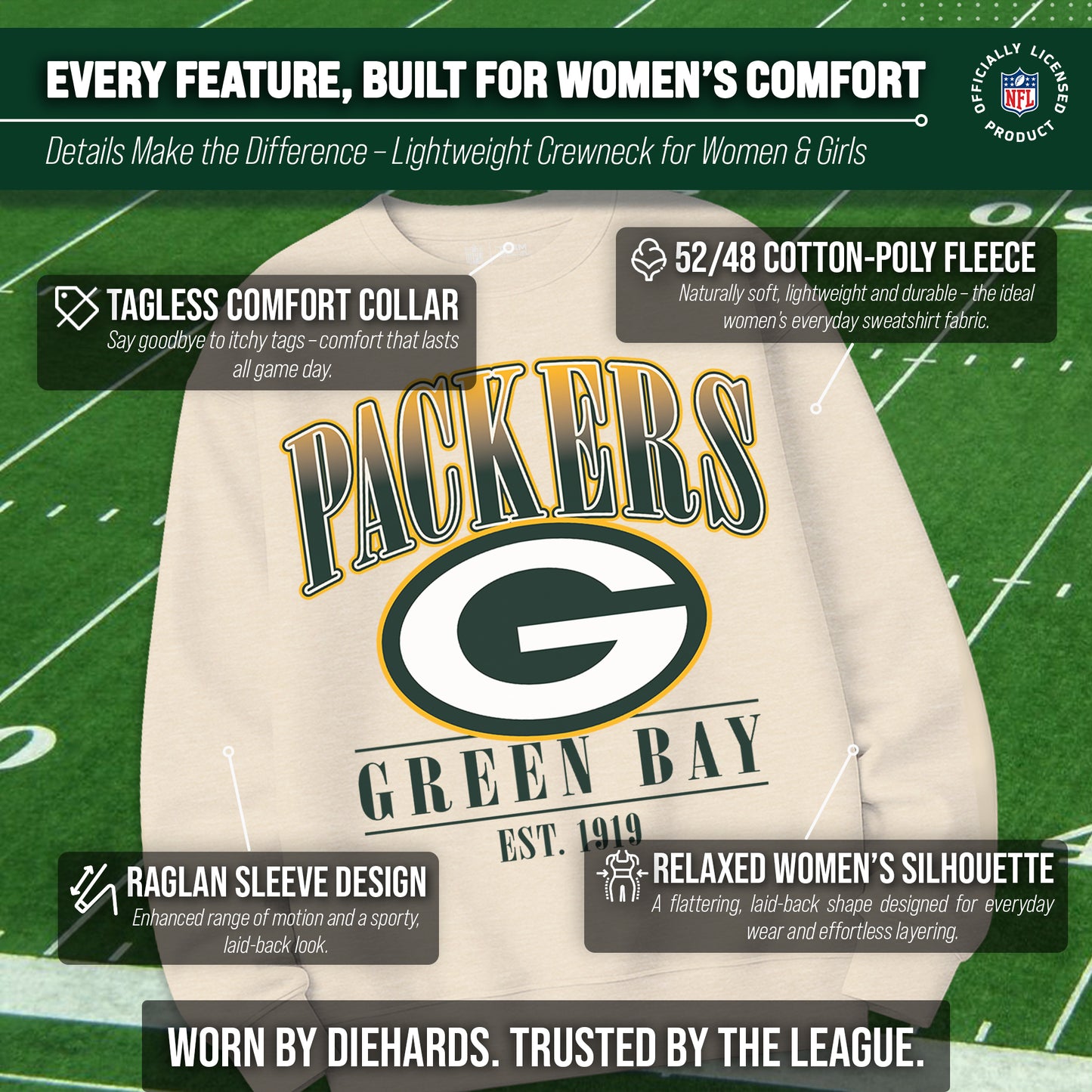 Green Bay Packers Womens NFL Starstruck Crewneck Pullover - Cream