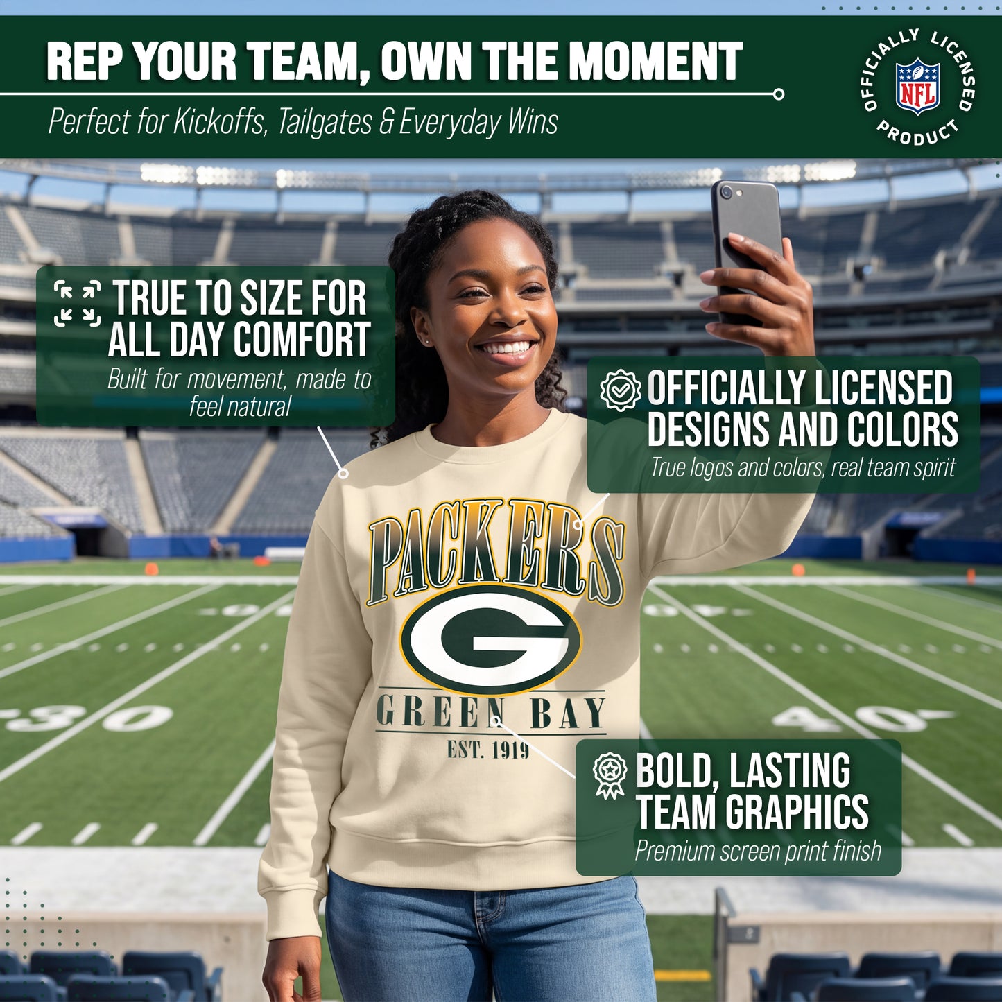 Green Bay Packers Womens NFL Starstruck Crewneck Pullover - Cream