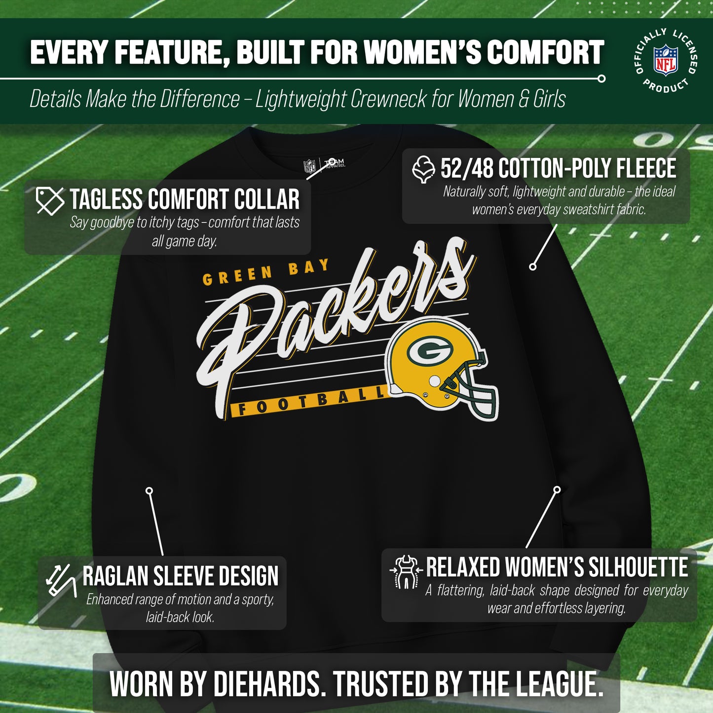 Green Bay Packers Womens NFL Scrimmage Line Crewneck Pullover - Black