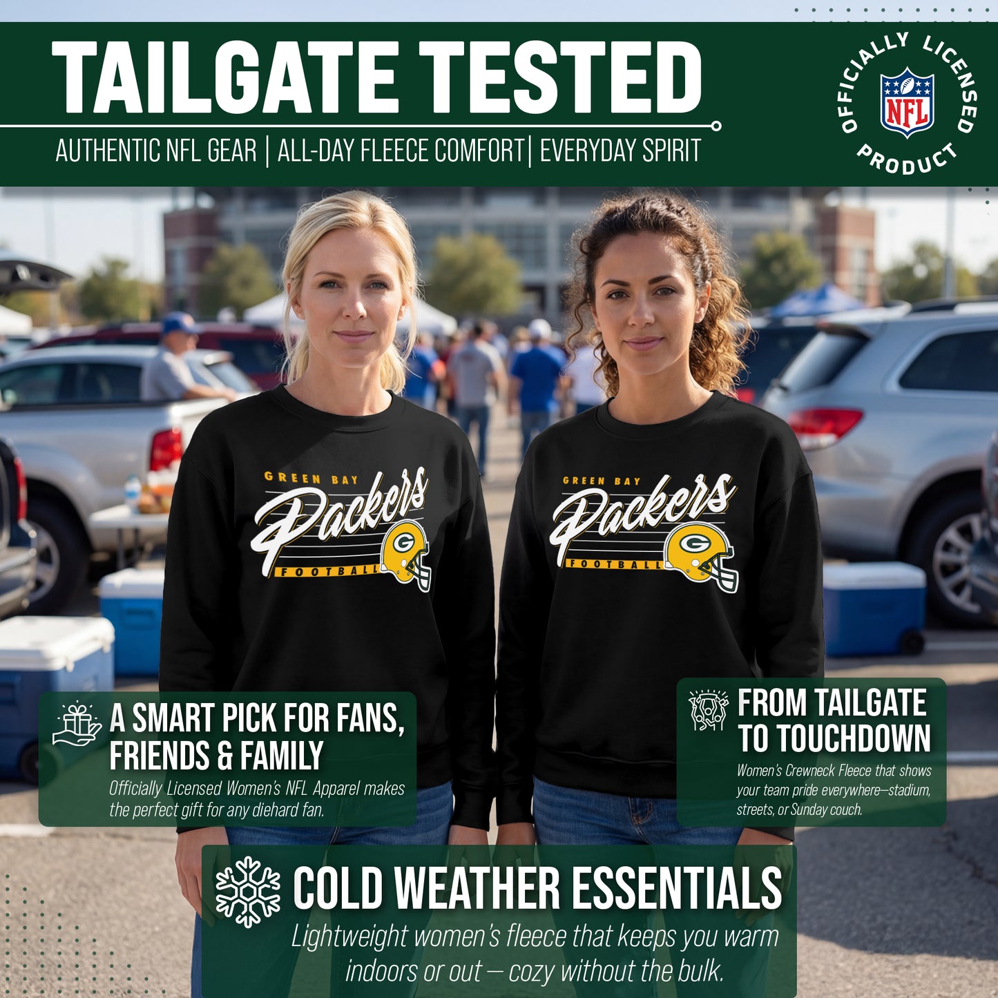 Green Bay Packers Womens NFL Scrimmage Line Crewneck Pullover - Black