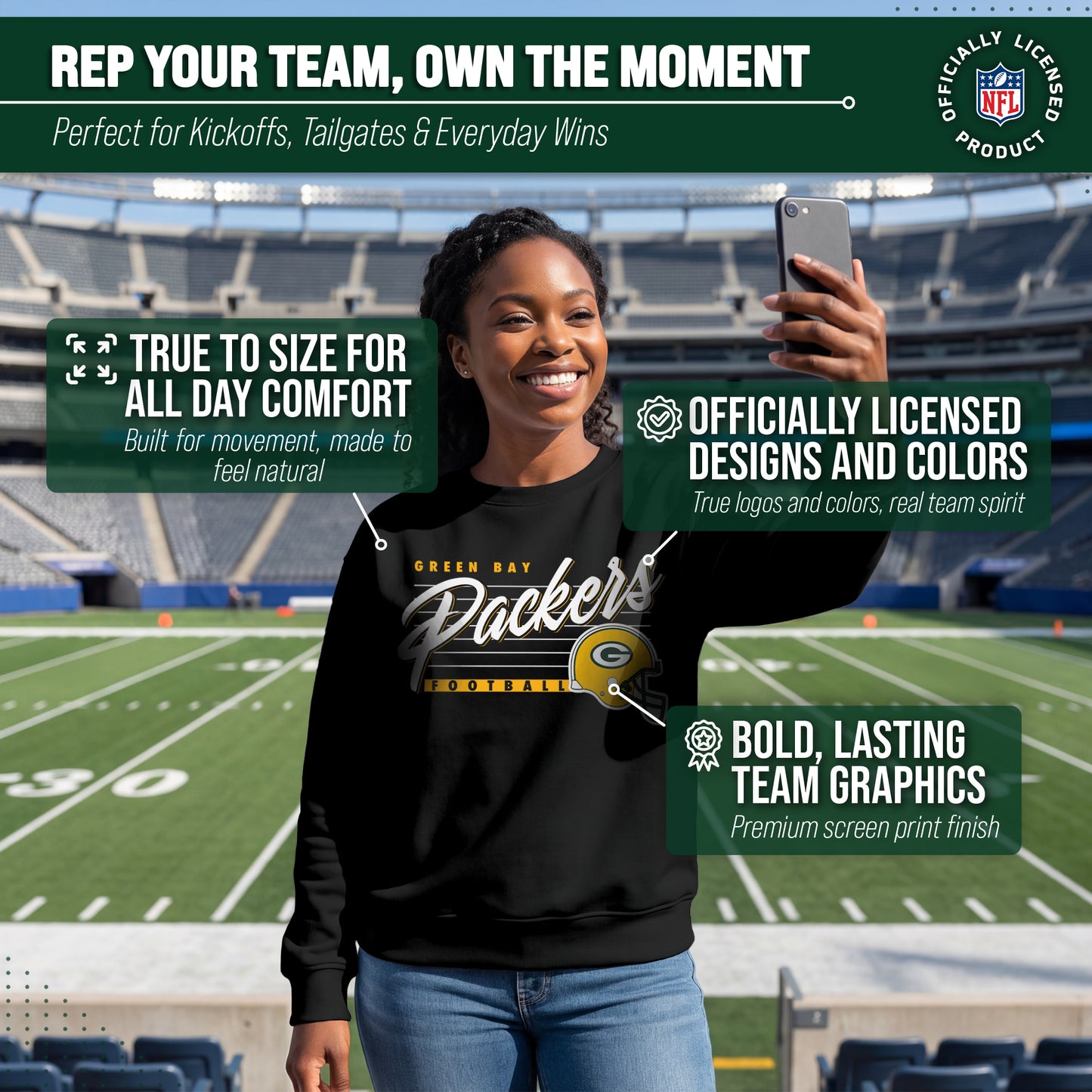 Green Bay Packers Womens NFL Scrimmage Line Crewneck Pullover - Black