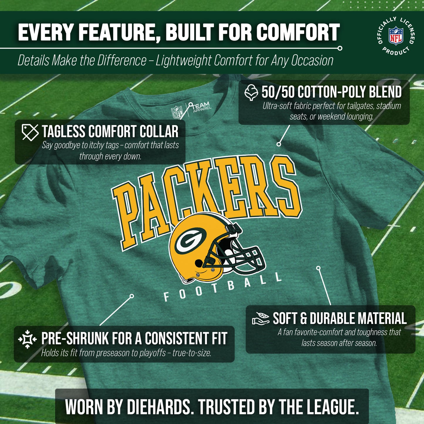 Green Bay Packers NFL Adult All Star Heather Tag-Less T-Shirt - Green Heather