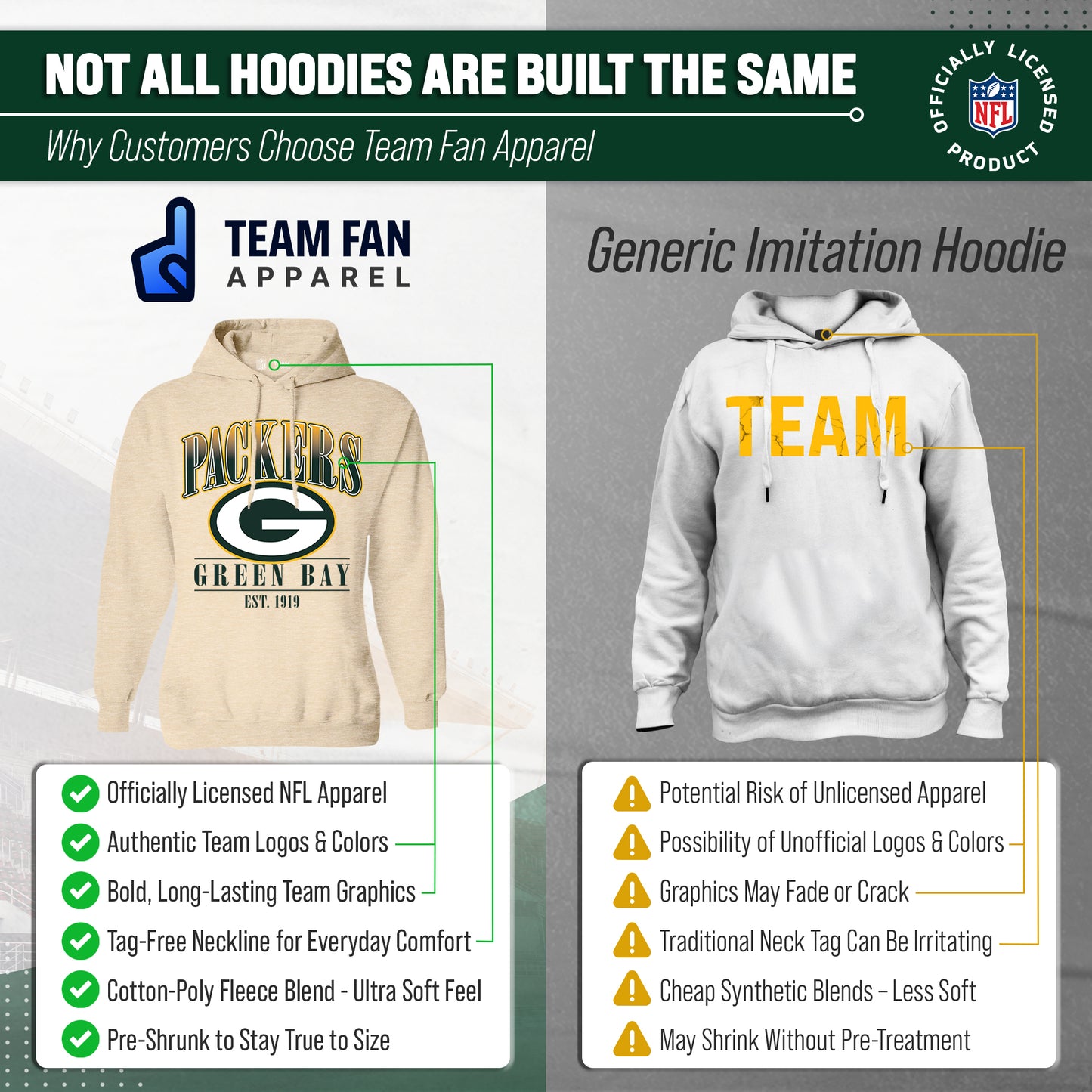 Green Bay Packers Ladies NFL Starstruck Fleece Pullover Hooded Sweatshirt - Cream