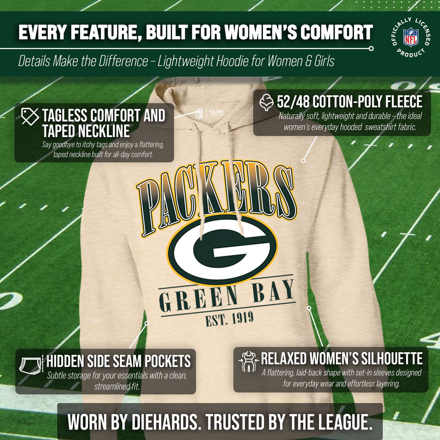 Green Bay Packers Ladies NFL Starstruck Fleece Pullover Hooded Sweatshirt - Cream