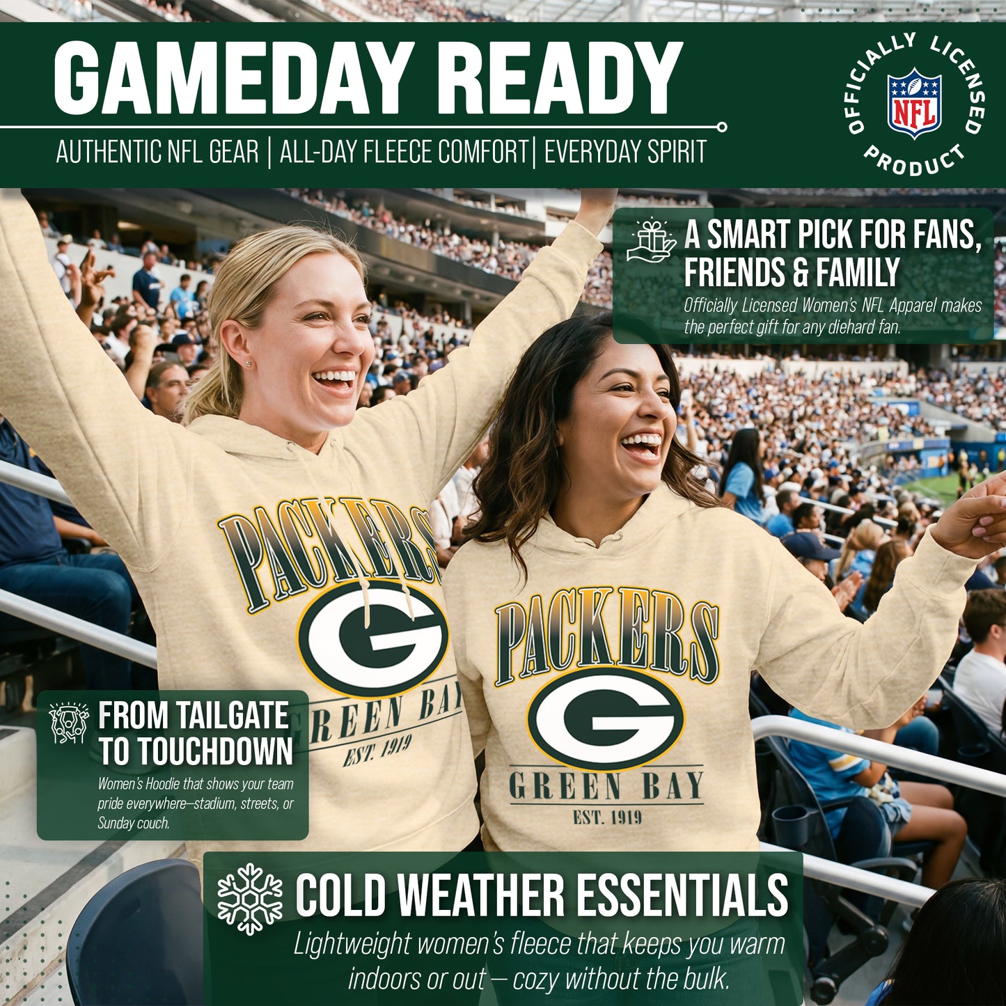 Green Bay Packers Ladies NFL Starstruck Fleece Pullover Hooded Sweatshirt - Cream