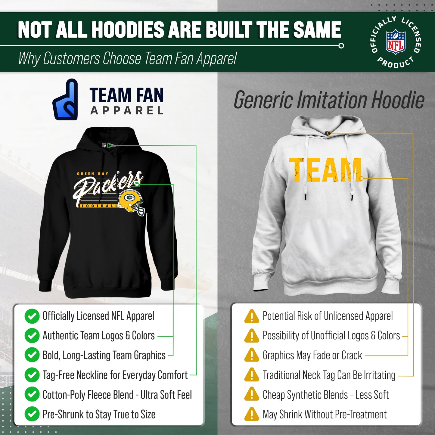 Green Bay Packers Ladies NFL Scrimmage Line Fleece Pullover Hooded Sweatshirt - Black