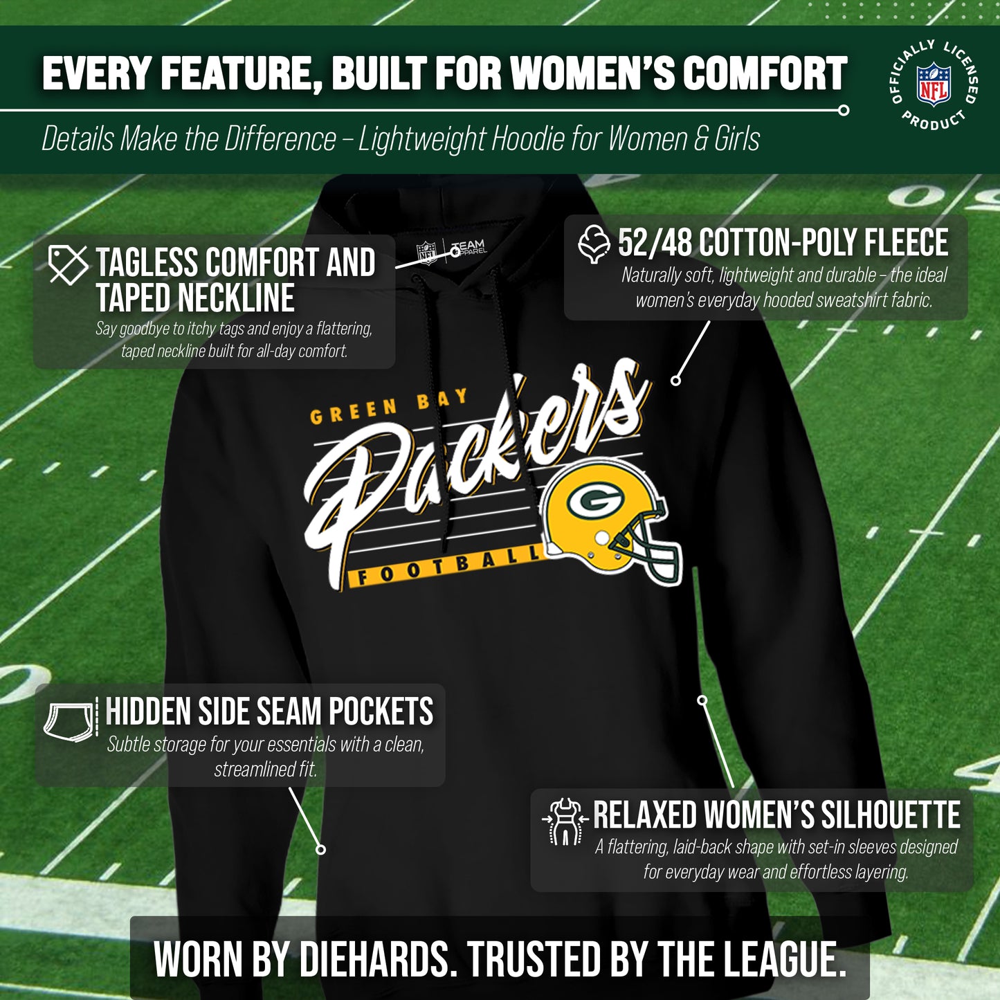 Green Bay Packers Ladies NFL Scrimmage Line Fleece Pullover Hooded Sweatshirt - Black