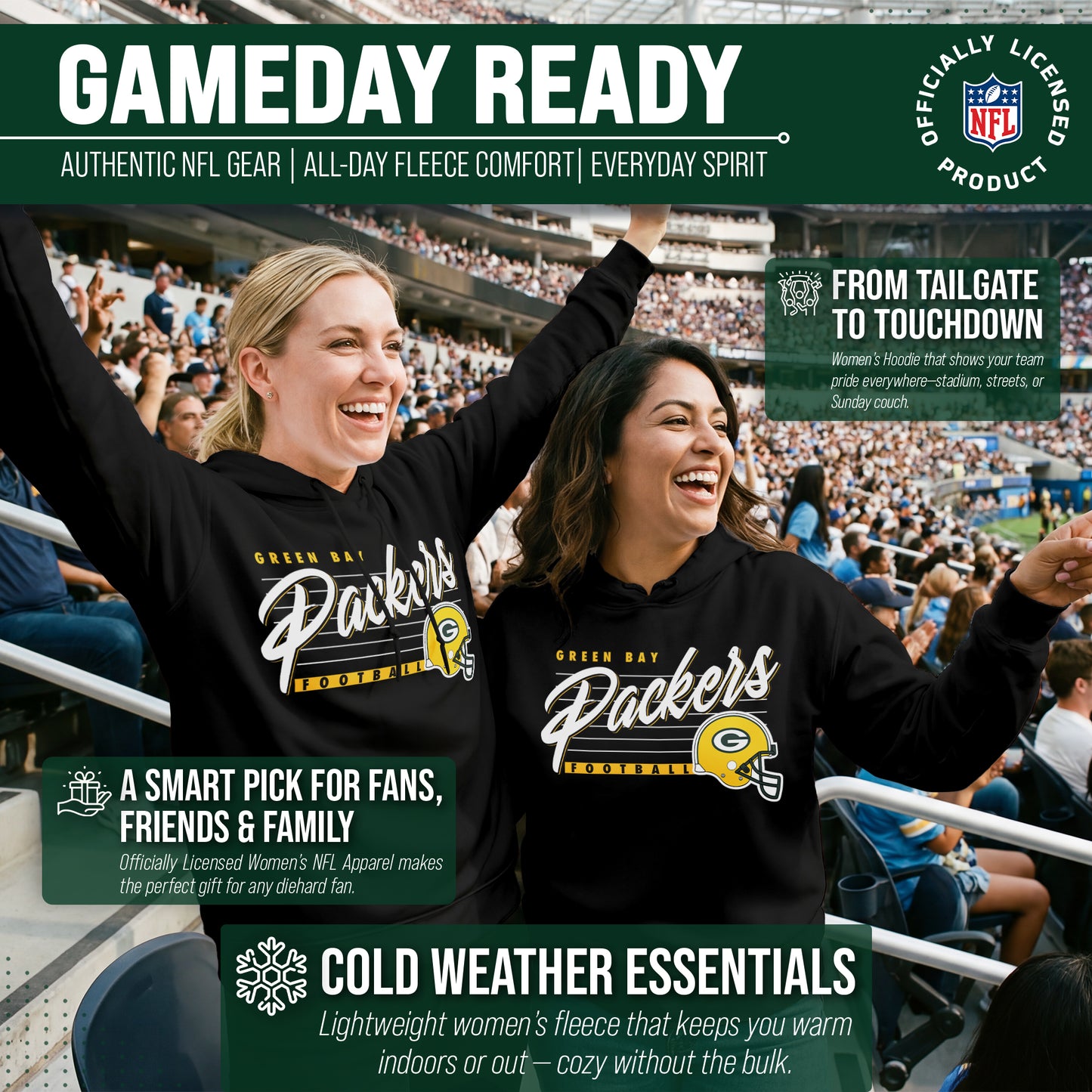 Green Bay Packers Ladies NFL Scrimmage Line Fleece Pullover Hooded Sweatshirt - Black