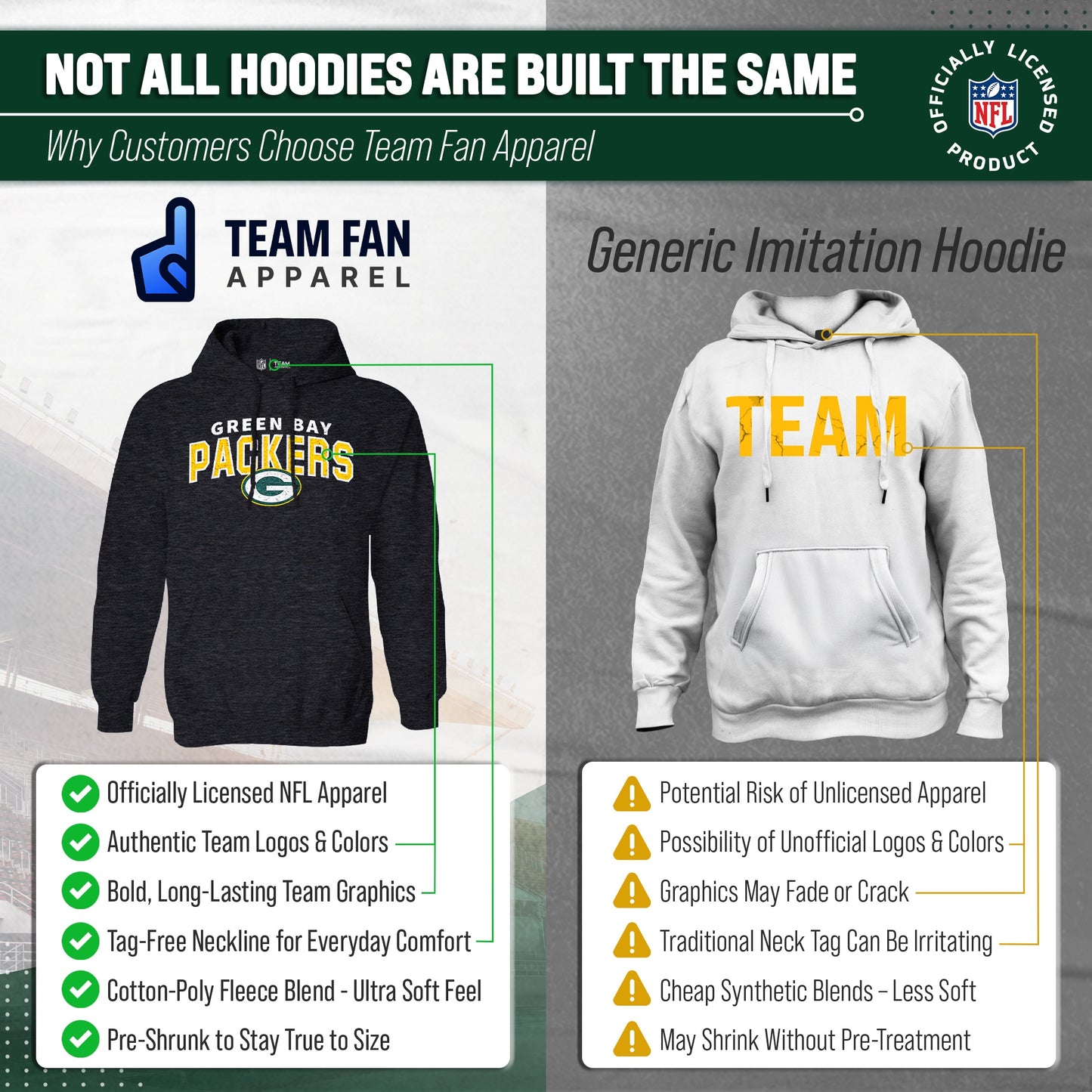 Green Bay Packers NFL Adult Unisex Starting Fresh Ultra Soft Fleece Hooded Sweatshirt - Black Heather