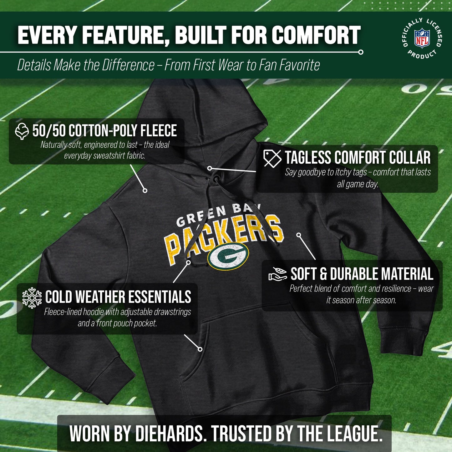 Green Bay Packers NFL Adult Unisex Starting Fresh Ultra Soft Fleece Hooded Sweatshirt - Black Heather