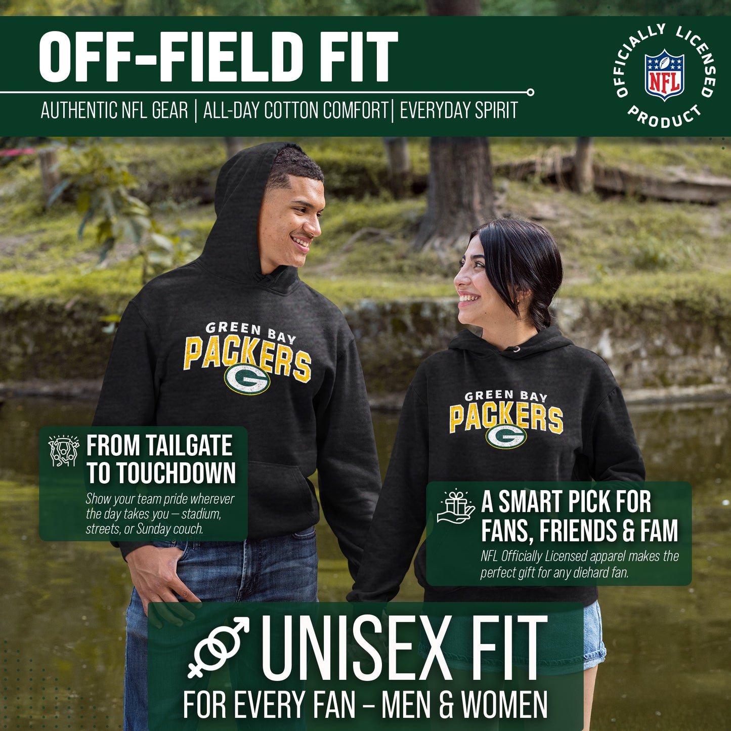 Green Bay Packers NFL Adult Unisex Starting Fresh Ultra Soft Fleece Hooded Sweatshirt - Black Heather