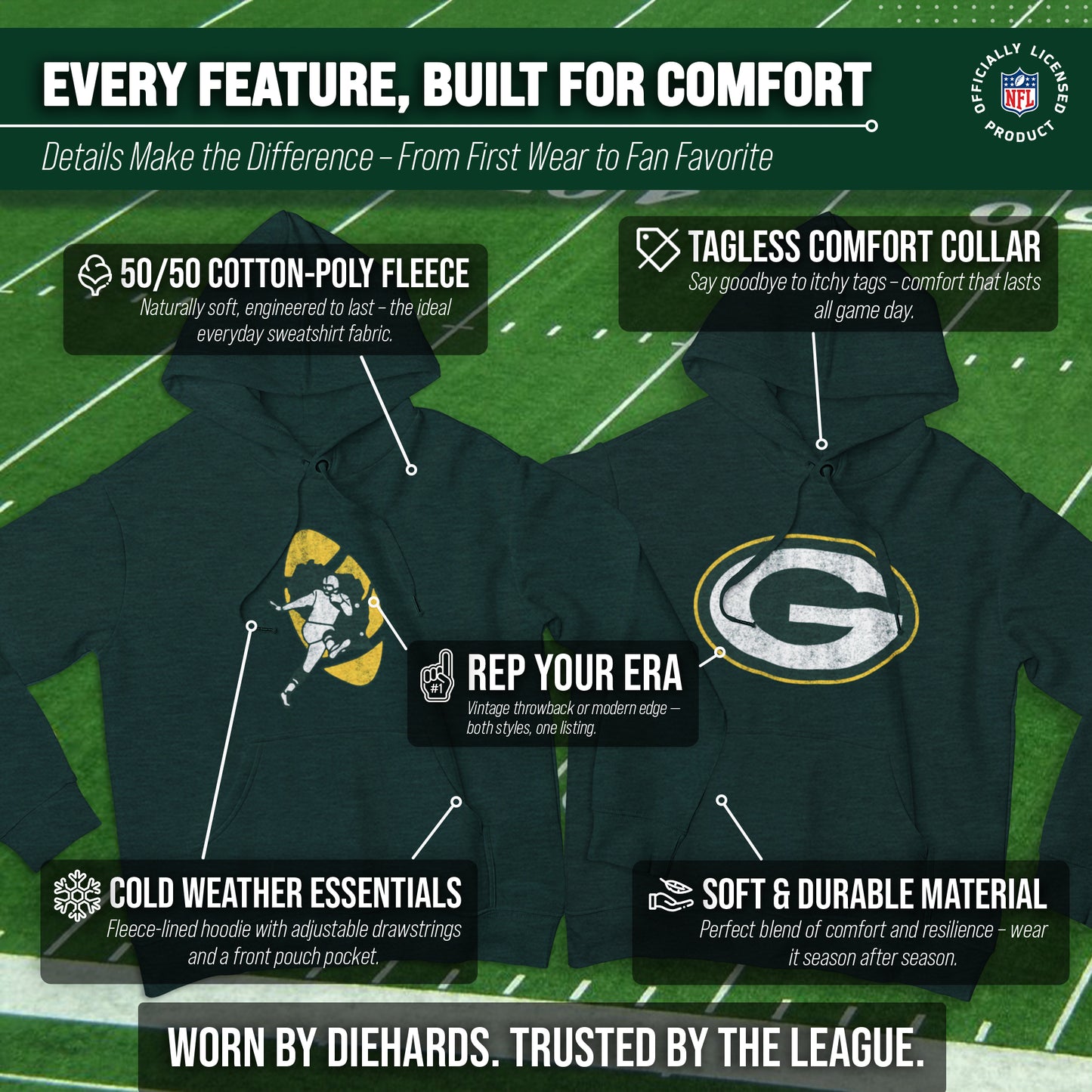 Green Bay Packers NFL Adult Unisex Modern Throwback Ultra Soft Fleece Hooded Sweatshirt - Forest Green