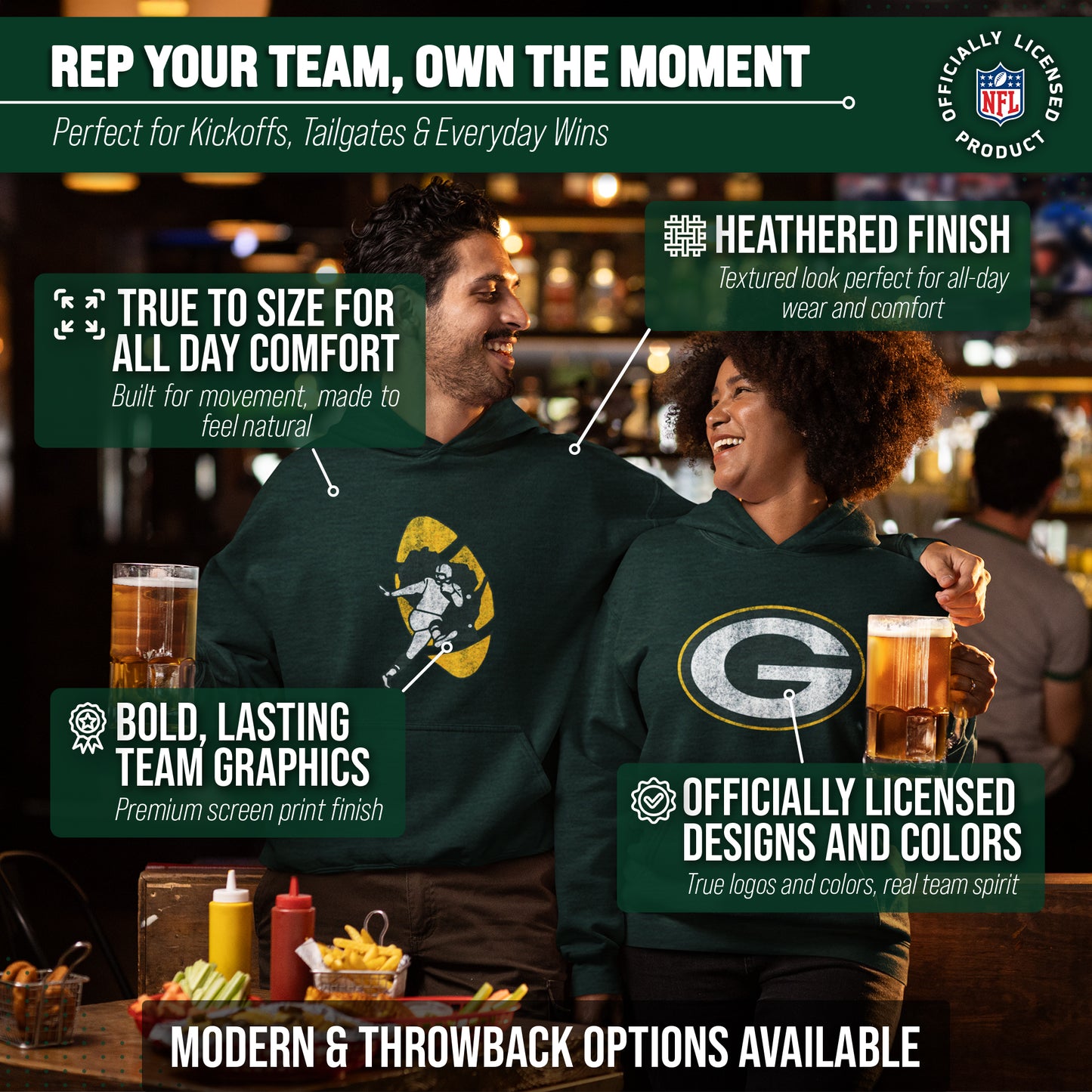 Green Bay Packers NFL Adult Unisex Modern Throwback Ultra Soft Fleece Hooded Sweatshirt - Forest Green