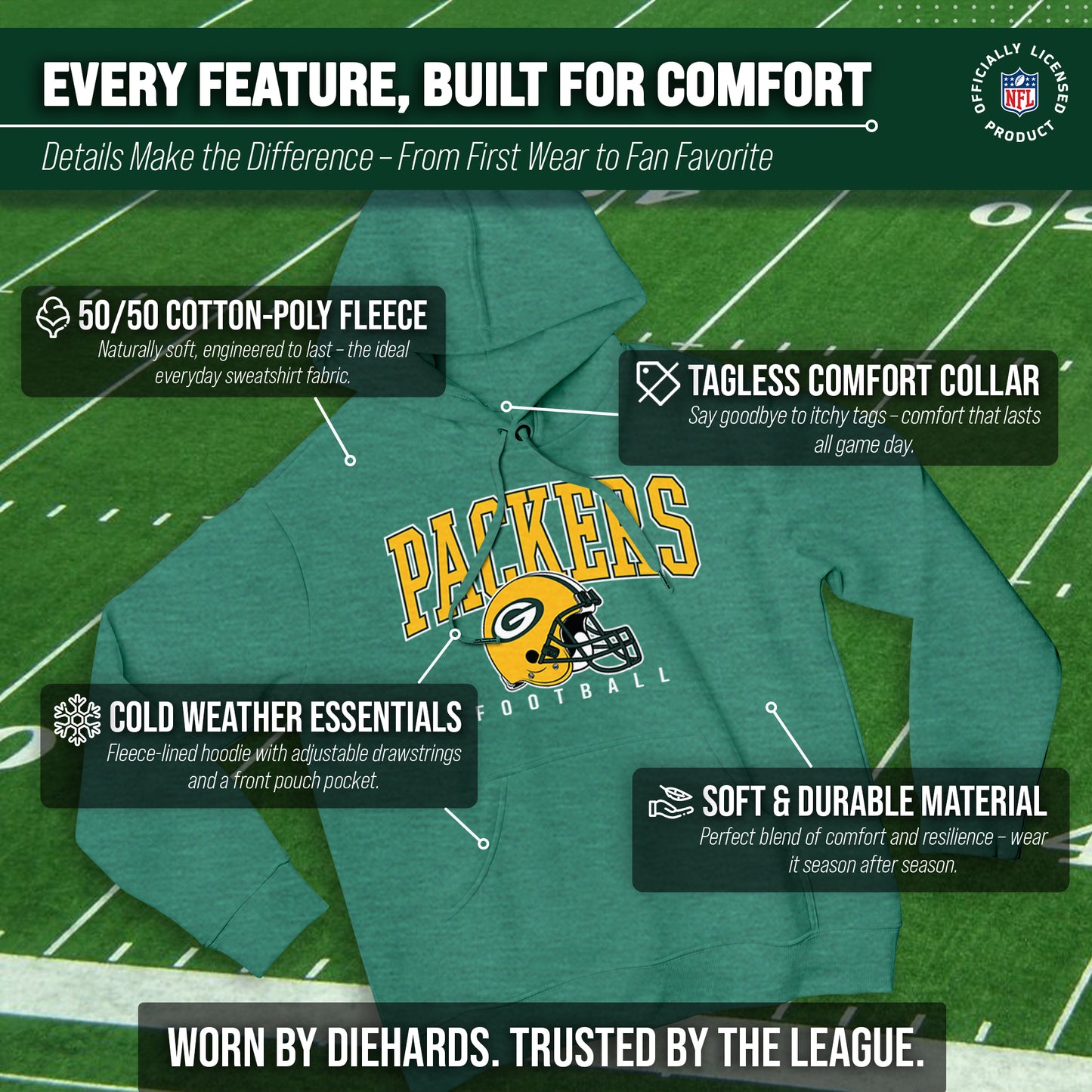Green Bay Packers NFL Adult Unisex All Star Soft Fleece Hooded Sweatshirt - Green Heather