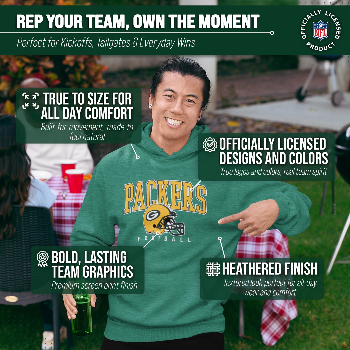 Green Bay Packers NFL Adult Unisex All Star Soft Fleece Hooded Sweatshirt - Green Heather