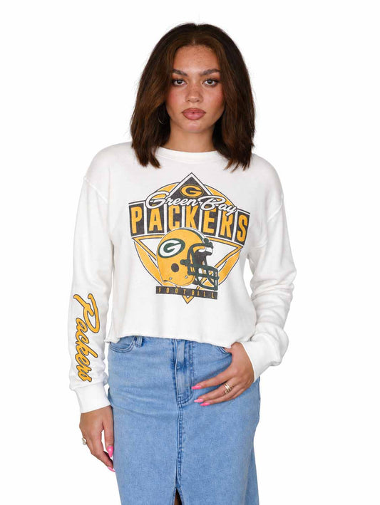 Green Bay Packers  Women's Franchise Helmet Cut Crop Crewneck - White