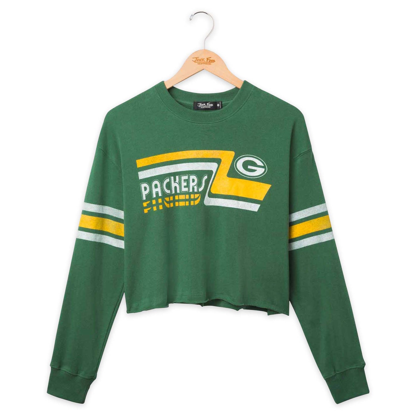 Green Bay Packers Junk Food NFL Women's Franchise Varsity Stripe Crop Crewneck - Hunter Green