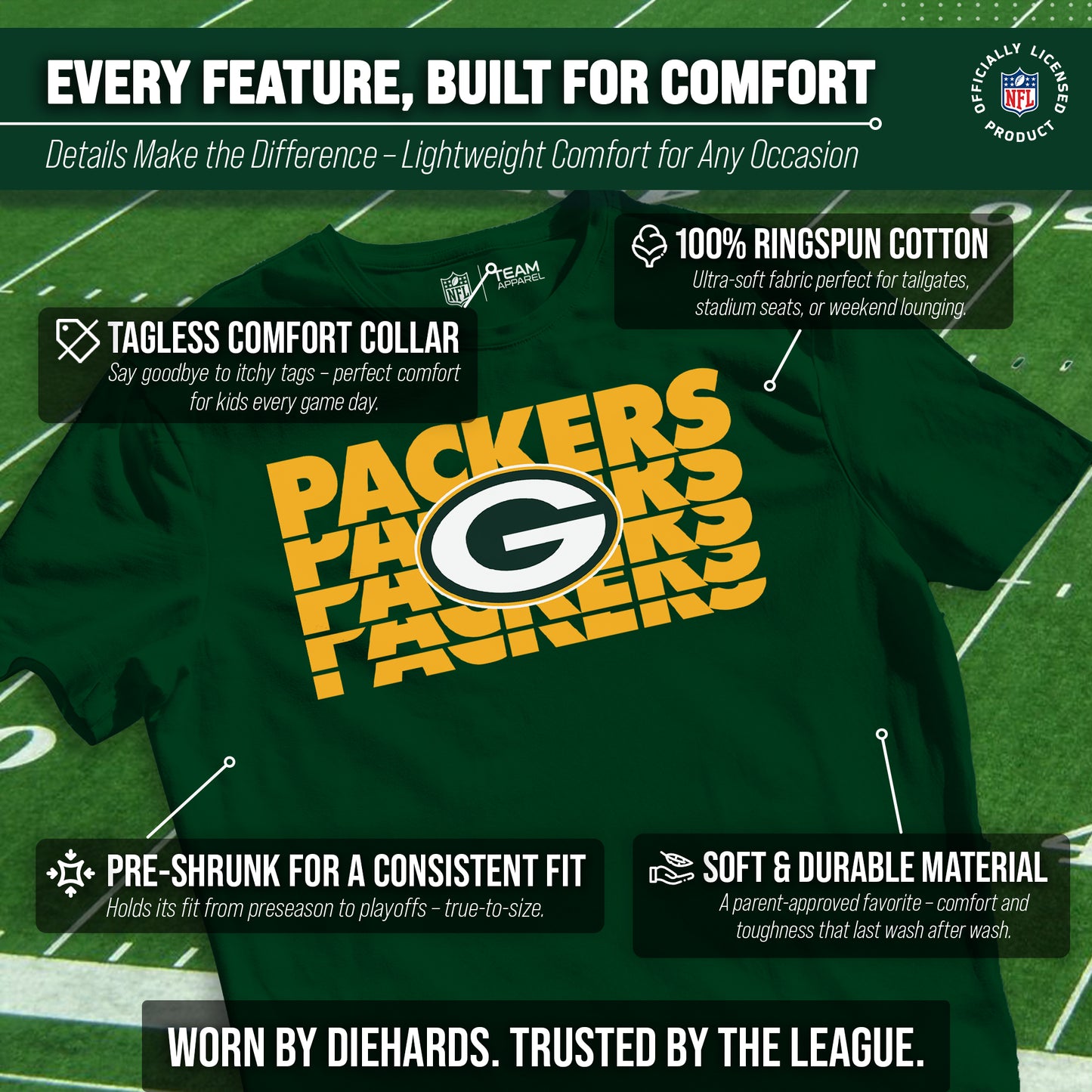 Green Bay Packers NFL Youth Repeating Logo Football T-Shirt Unisex Tag Free Comfortable - Forest Green