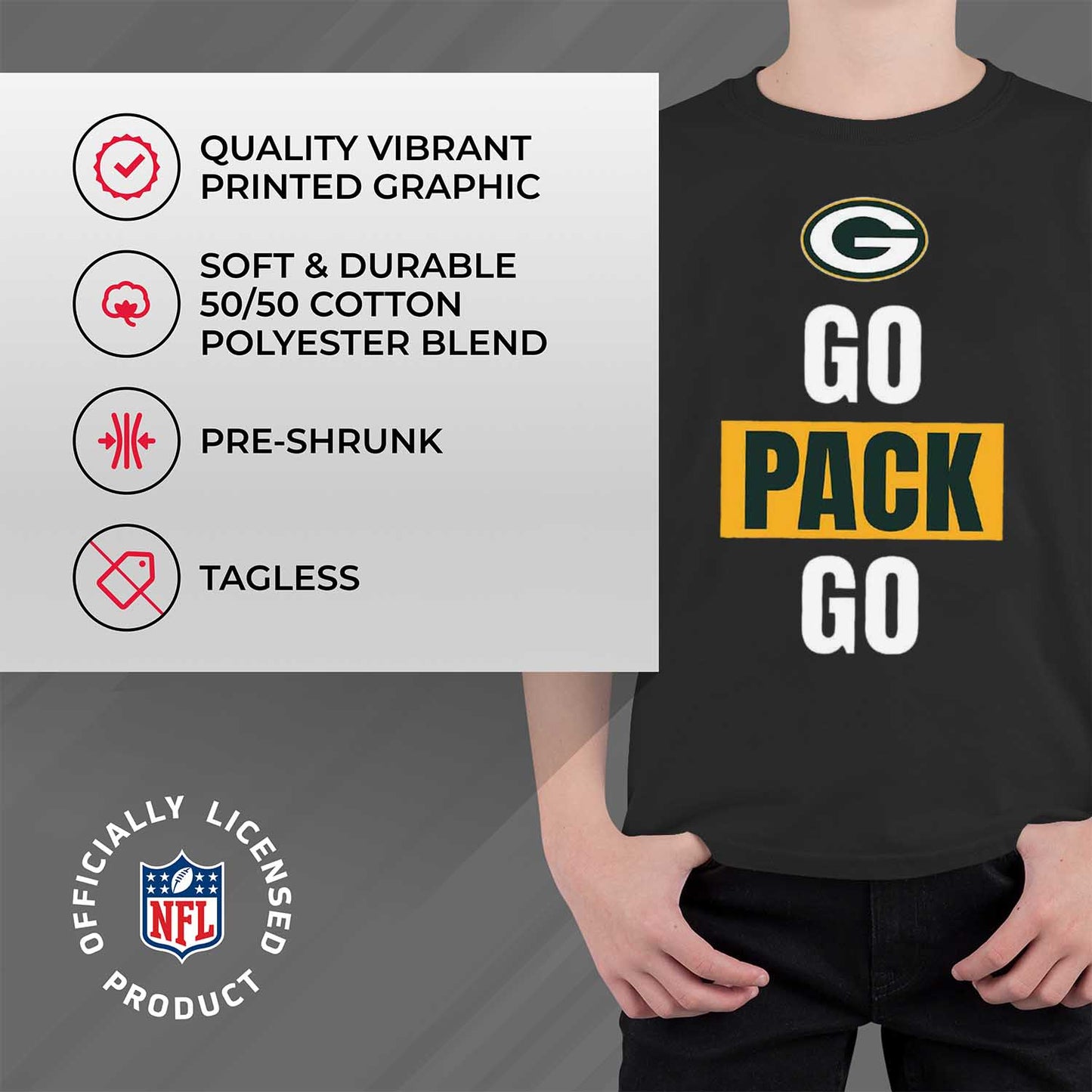 Green Bay Packers NFL Youth Team Slogan Short Sleeve Lightweight T Shirt - Black