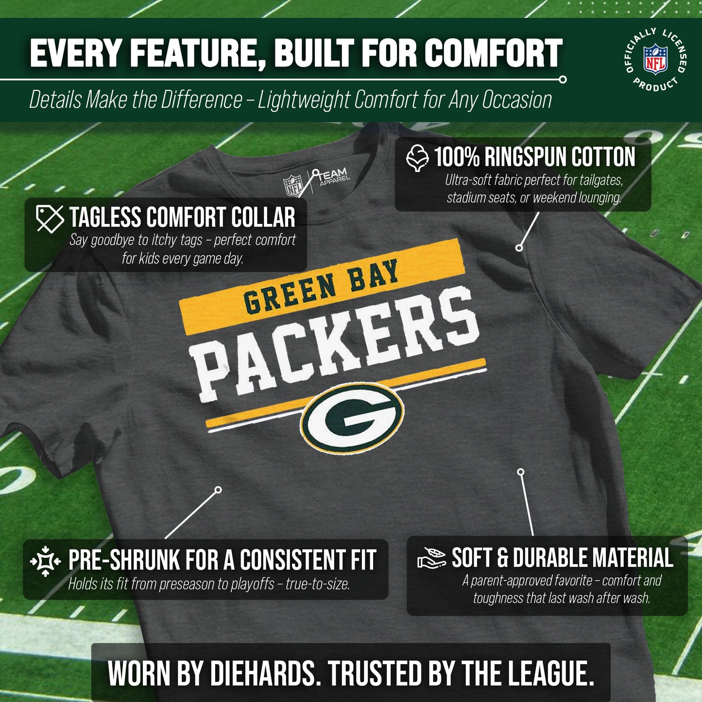 Green Bay Packers NFL Youth Short Sleeve Charcoal T Shirt - Charcoal