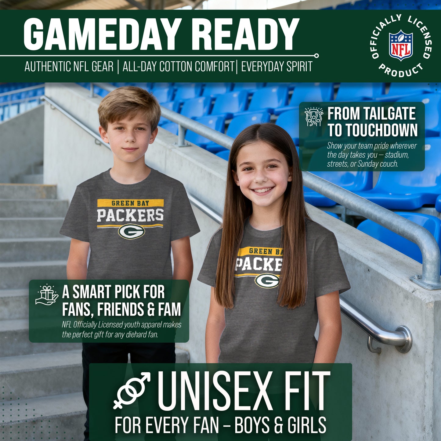 Green Bay Packers NFL Youth Short Sleeve Charcoal T Shirt - Charcoal
