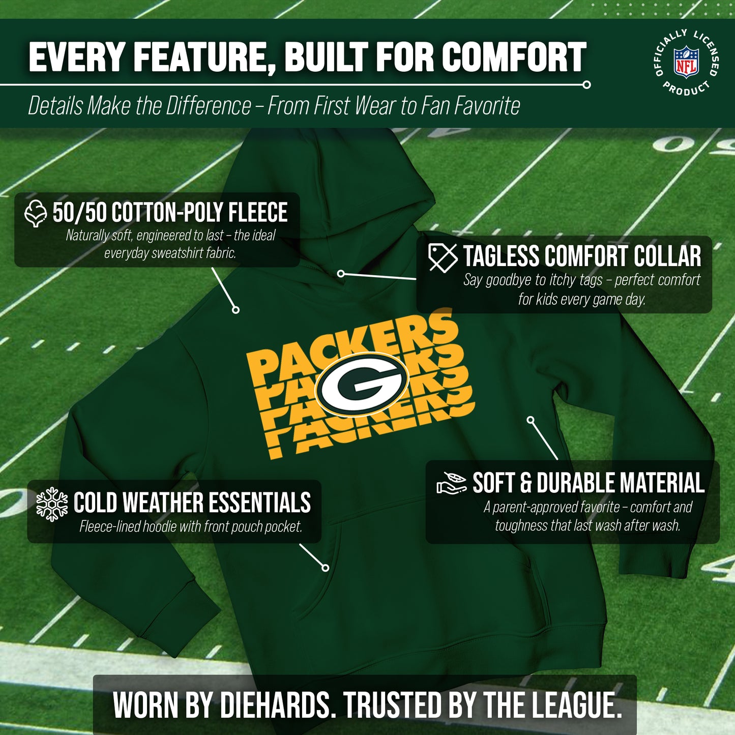 Green Bay Packers NFL Youth Repeating Logo Football Fleece Hooded Sweatshirt - Forest Green