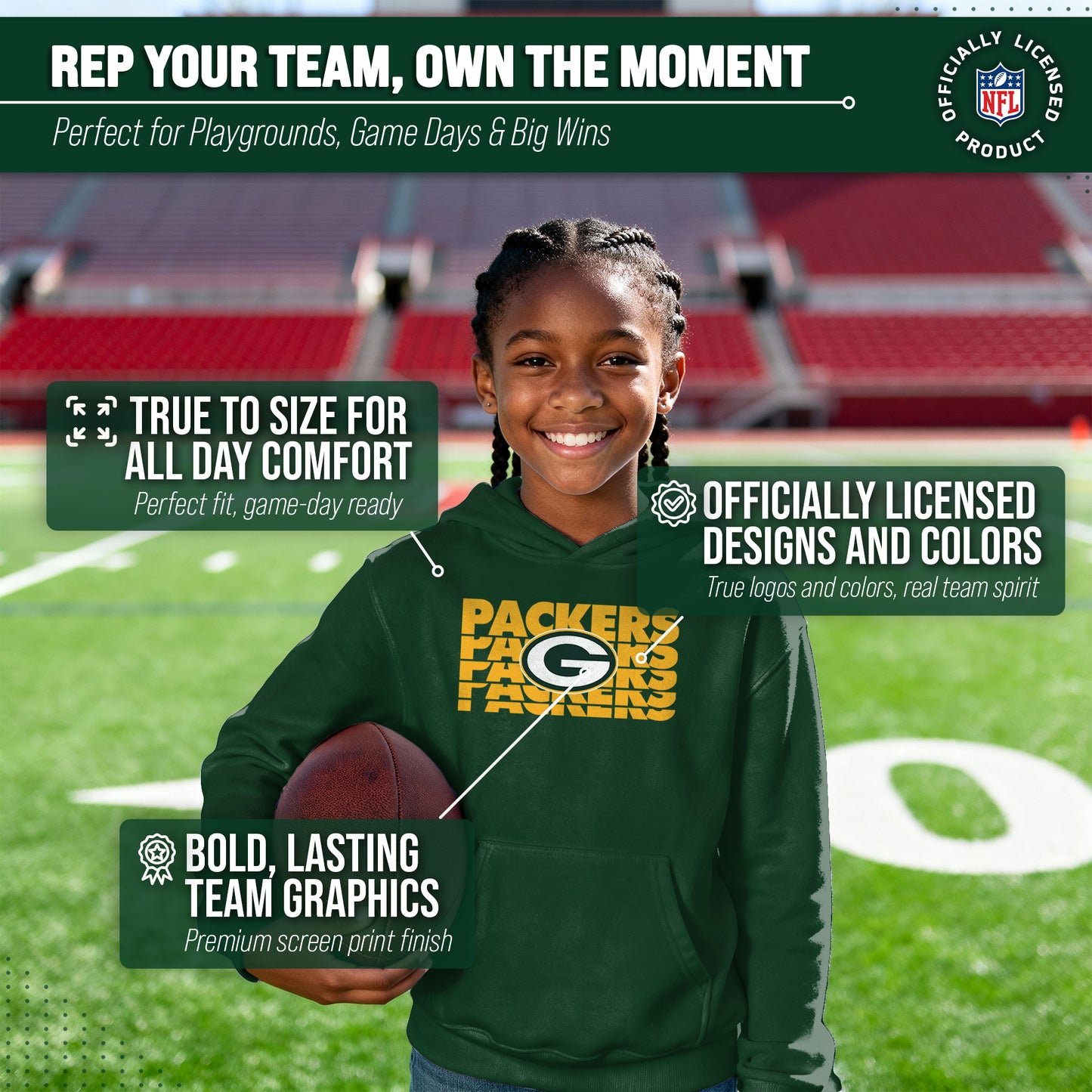 Green Bay Packers NFL Youth Repeating Logo Football Fleece Hooded Sweatshirt - Forest Green
