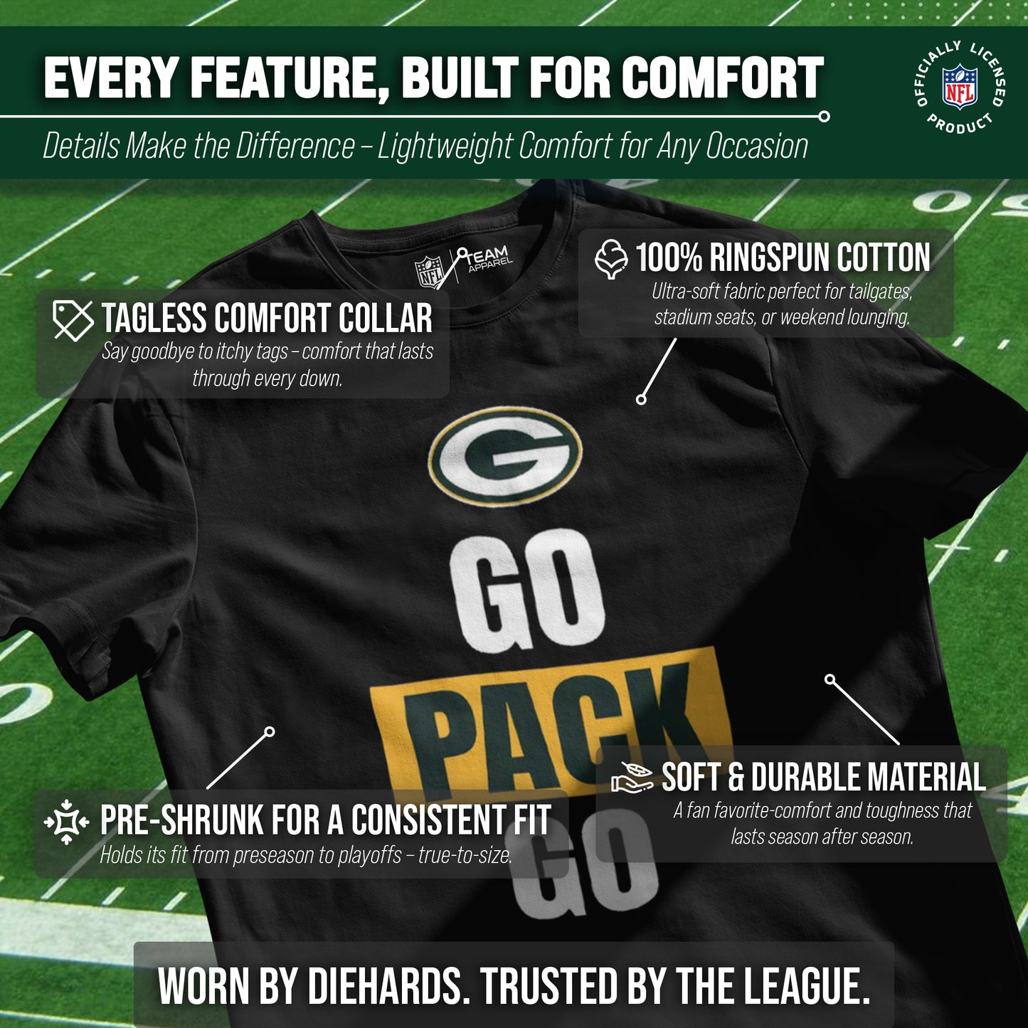 Green Bay Packers NFL Adult Team Slogan Unisex T-Shirt - Black