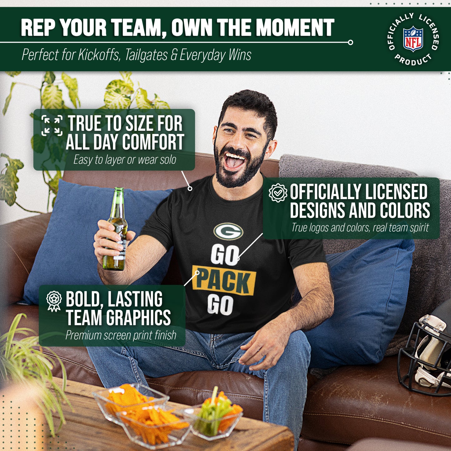 Green Bay Packers NFL Adult Team Slogan Unisex T-Shirt - Black