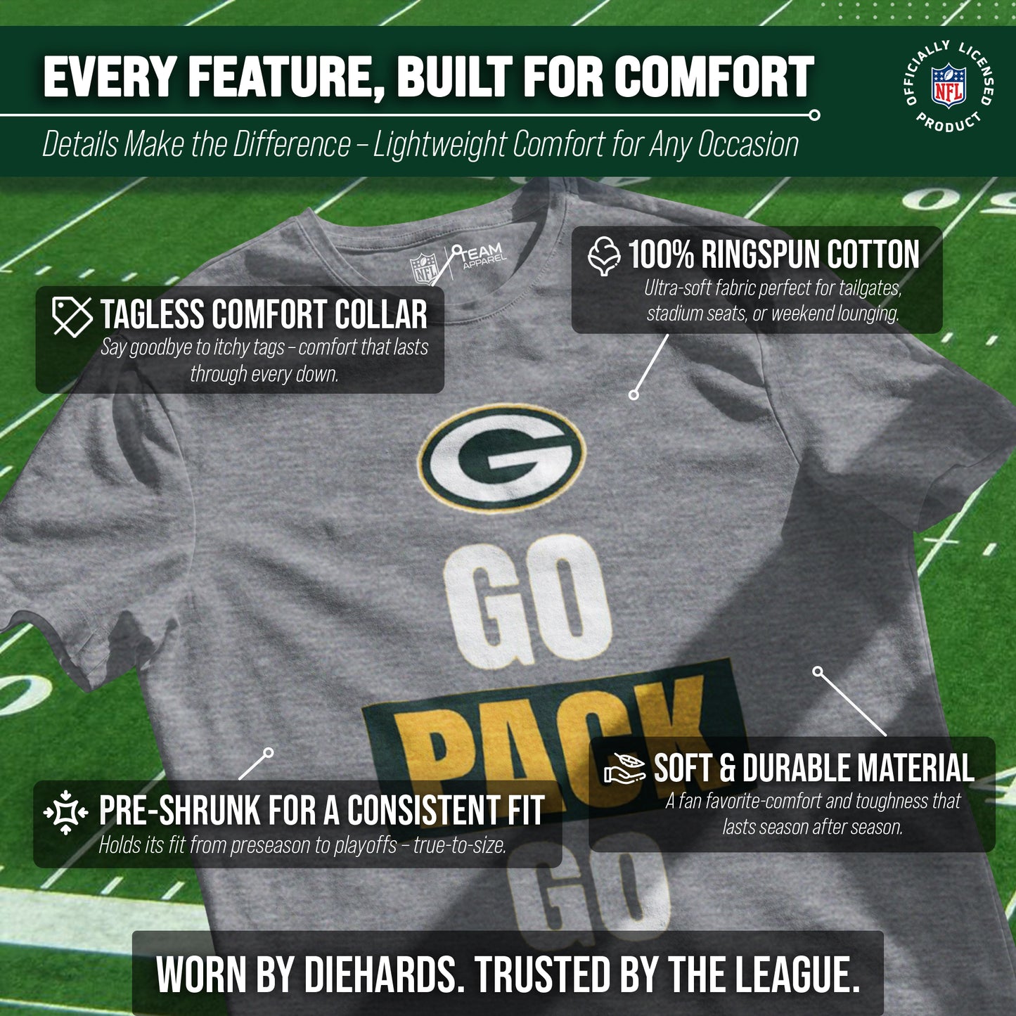 Green Bay Packers NFL Adult Team Slogan Unisex T-Shirt - Sport Gray