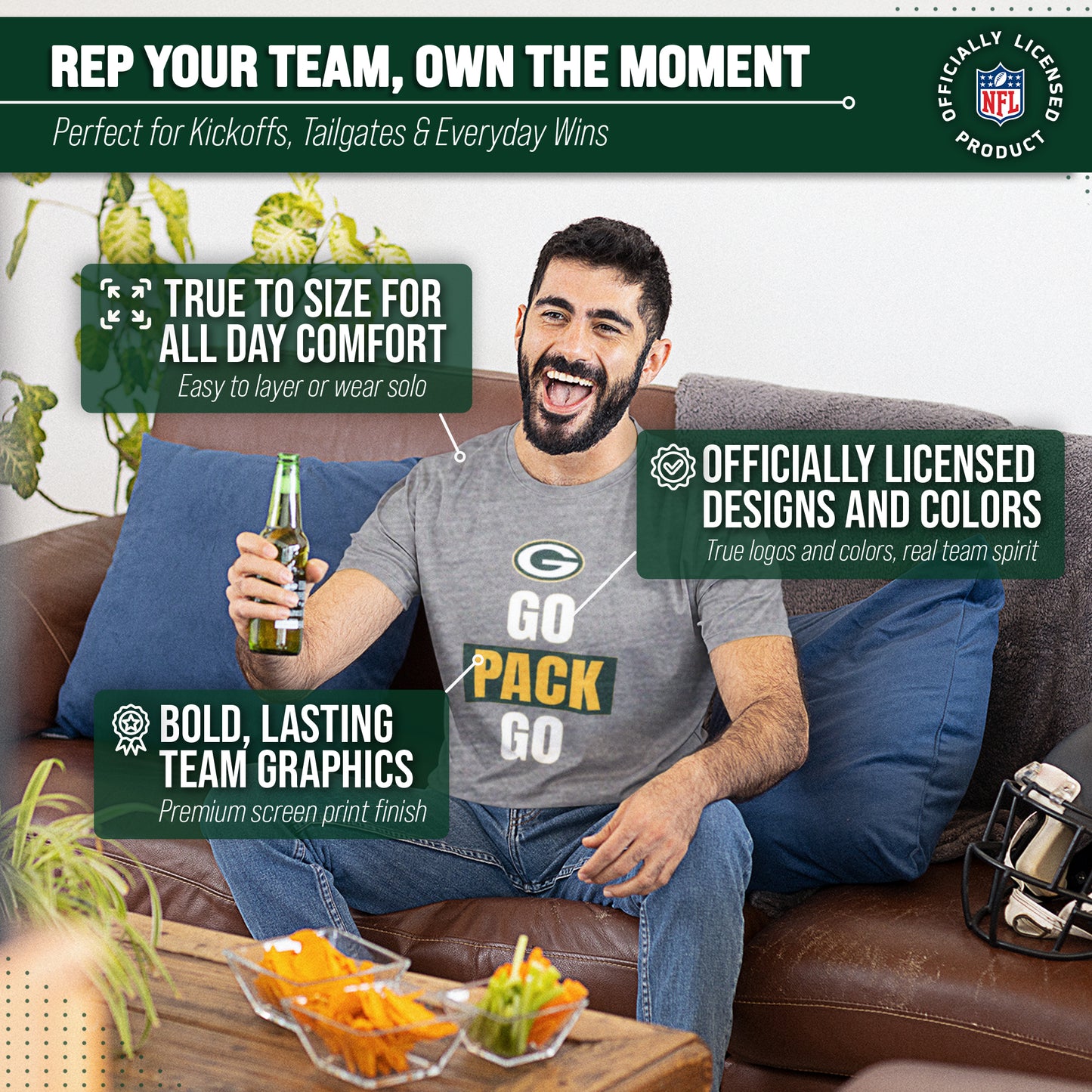 Green Bay Packers NFL Adult Team Slogan Unisex T-Shirt - Sport Gray