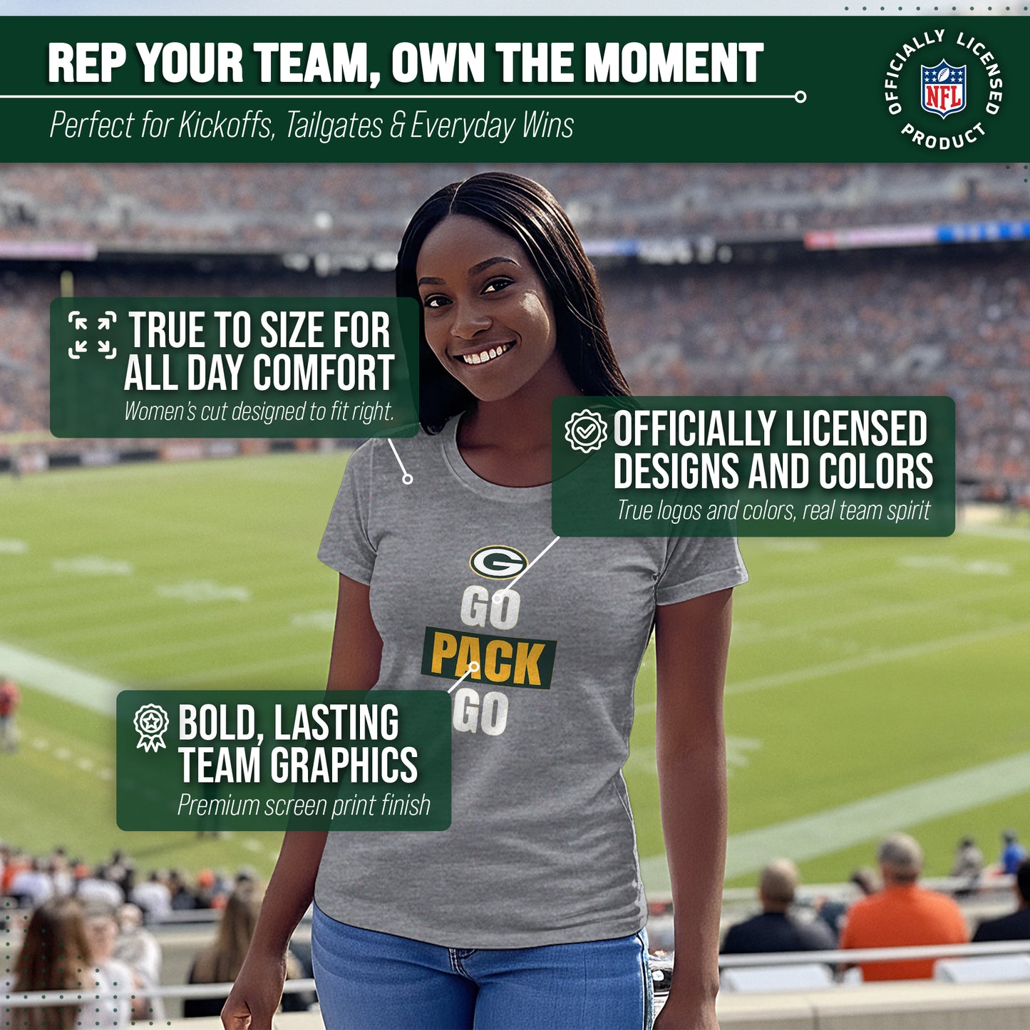 Green Bay Packers NFL Womens Team Slogan Short Sleeve Tshirt - Sport Gray