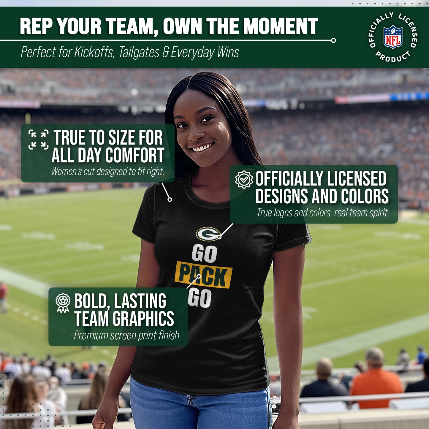 Green Bay Packers NFL Womens Team Slogan Short Sleeve Tshirt - Black
