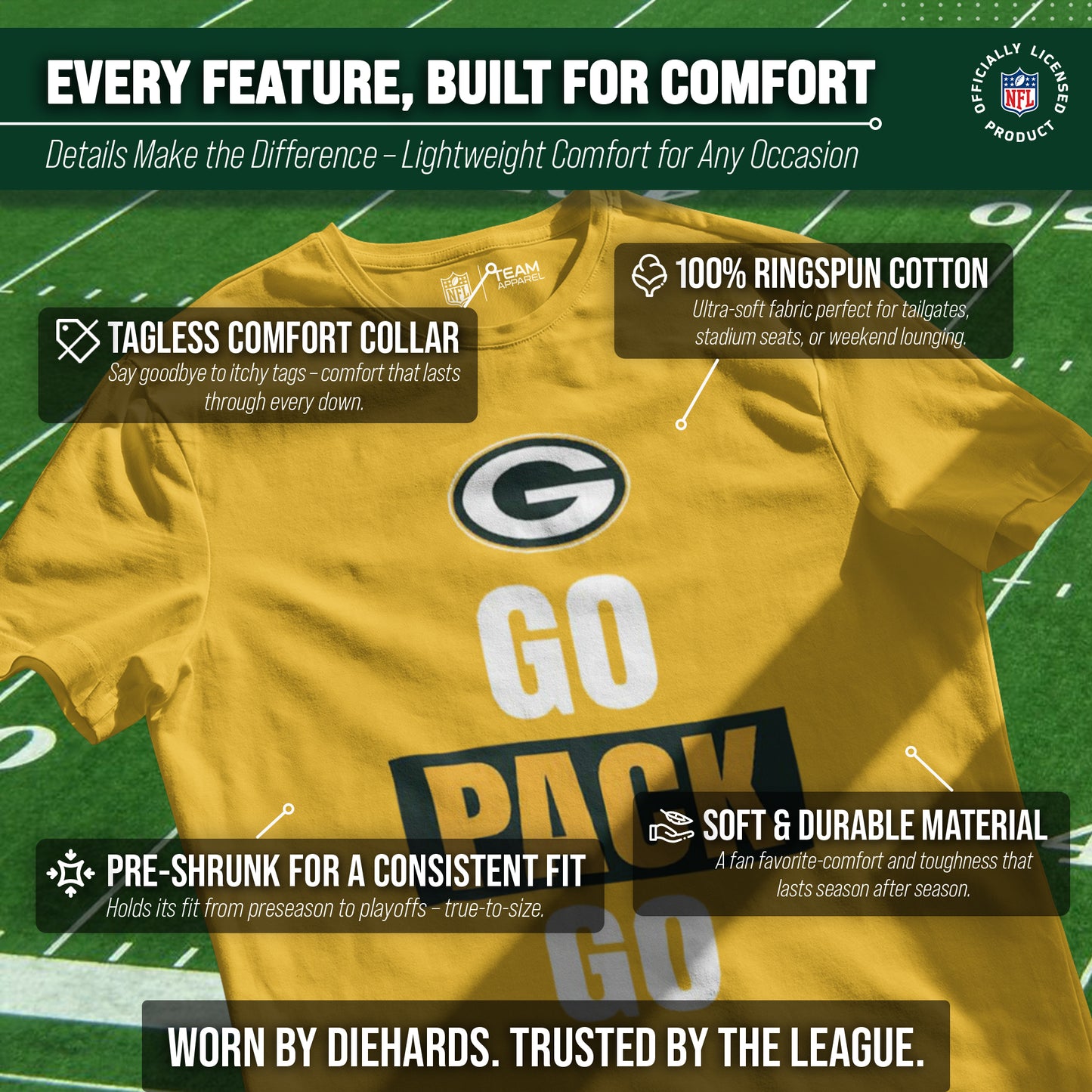 Green Bay Packers NFL Adult Team Slogan Unisex T-Shirt - Gold
