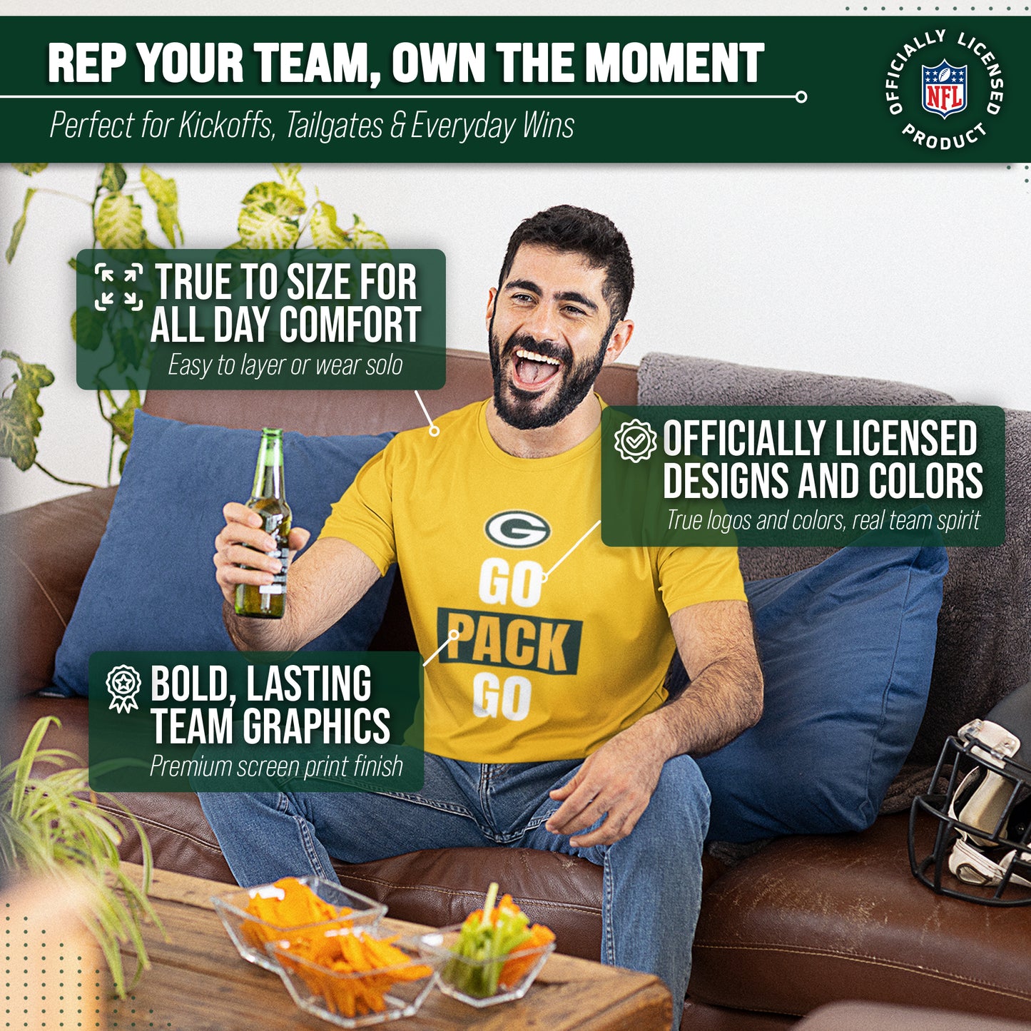 Green Bay Packers NFL Adult Team Slogan Unisex T-Shirt - Gold