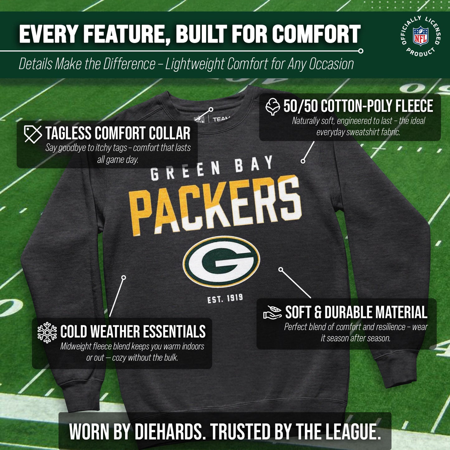 Green Bay Packers Adult NFL Diagonal Fade Color Block Crewneck Sweatshirt - Charcoal