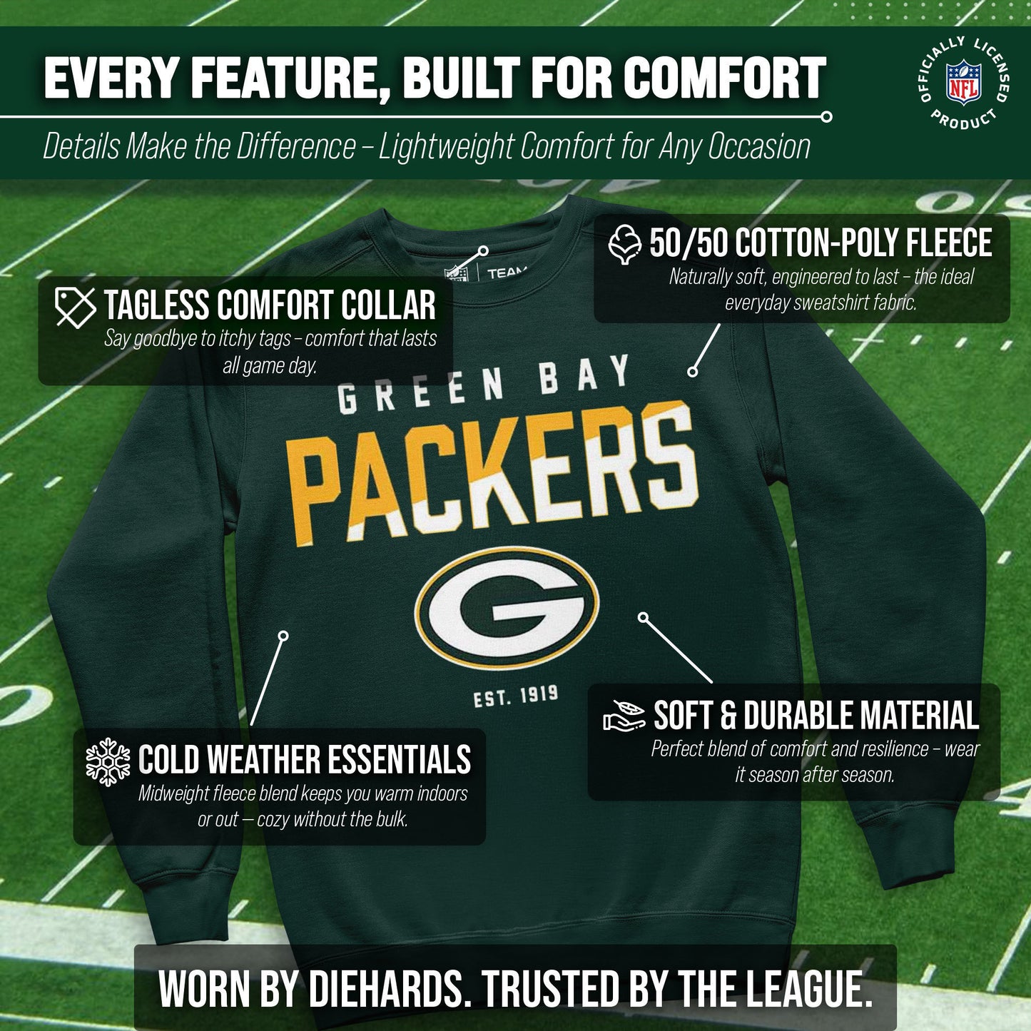 Green Bay Packers Adult NFL Diagonal Fade Color Block Crewneck Sweatshirt - Forest Green