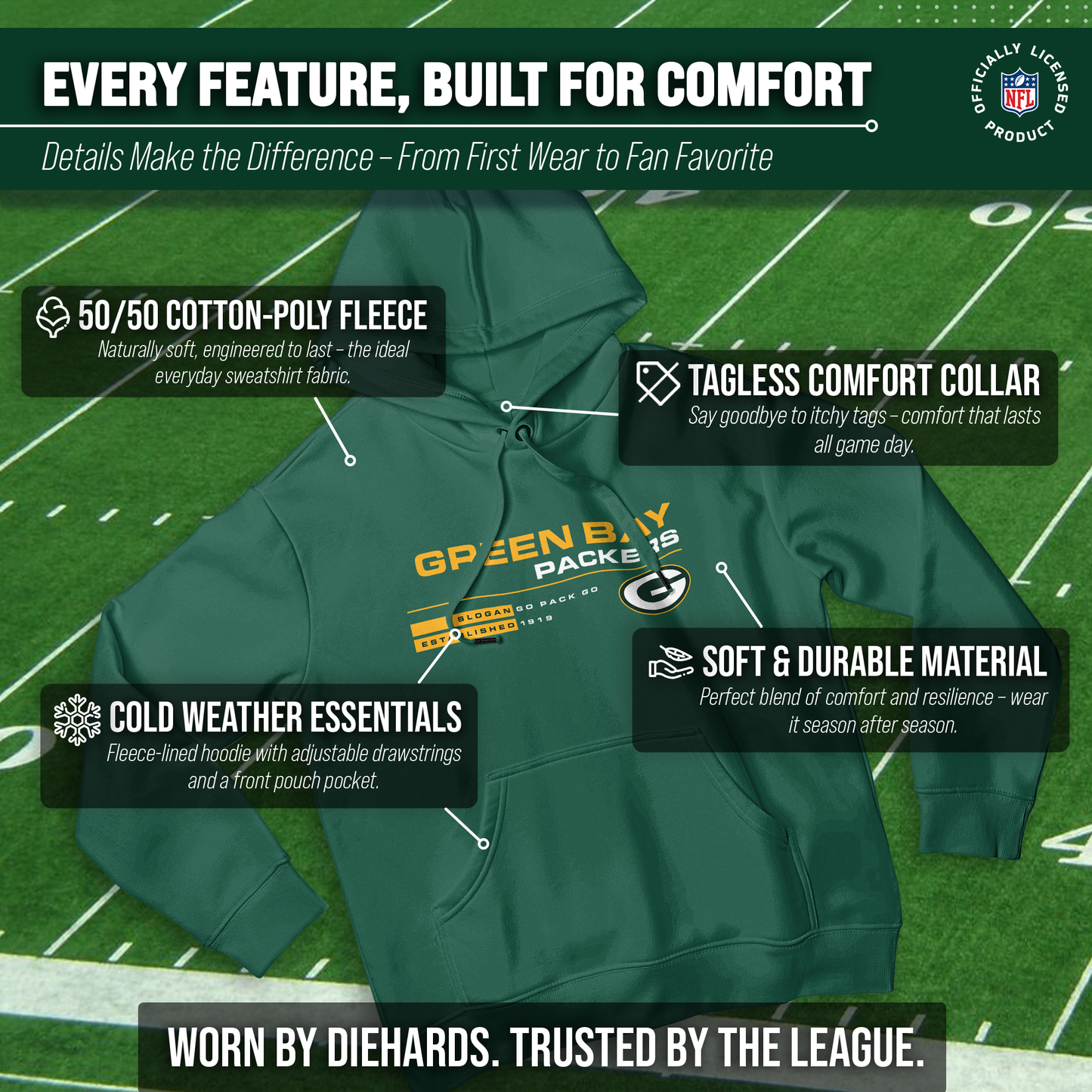 Green Bay Packers Adult NFL Speed Stat Sheet Fleece Hooded Sweatshirt - Forest Green