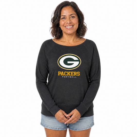 Green Bay Packers  Women NFL French Terry Slouchy Top Scoop Neckline - Charcoal