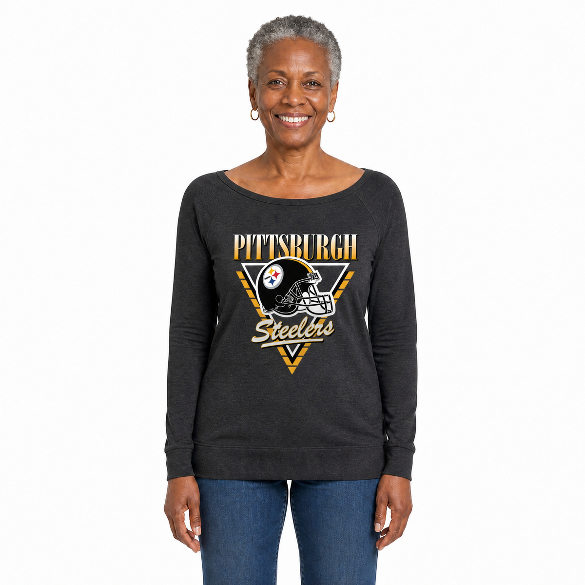 Pittsburgh Steelers  Women's NFL Retro Triangle French Terry Crewneck Top - Heather Charcoal