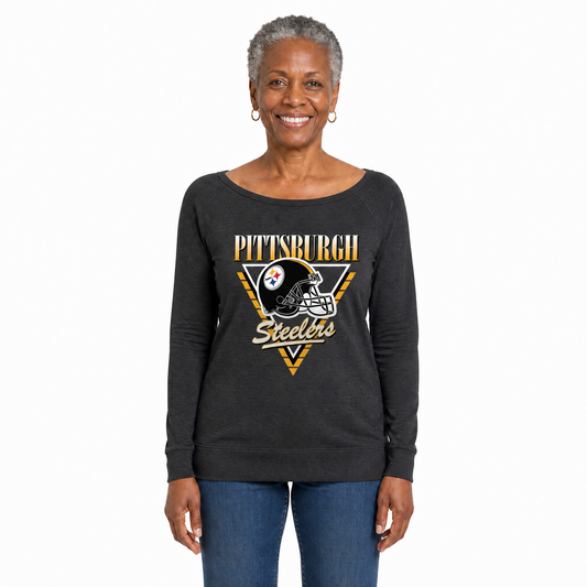 Pittsburgh Steelers  Women's NFL Retro Triangle French Terry Crewneck Top - Heather Charcoal