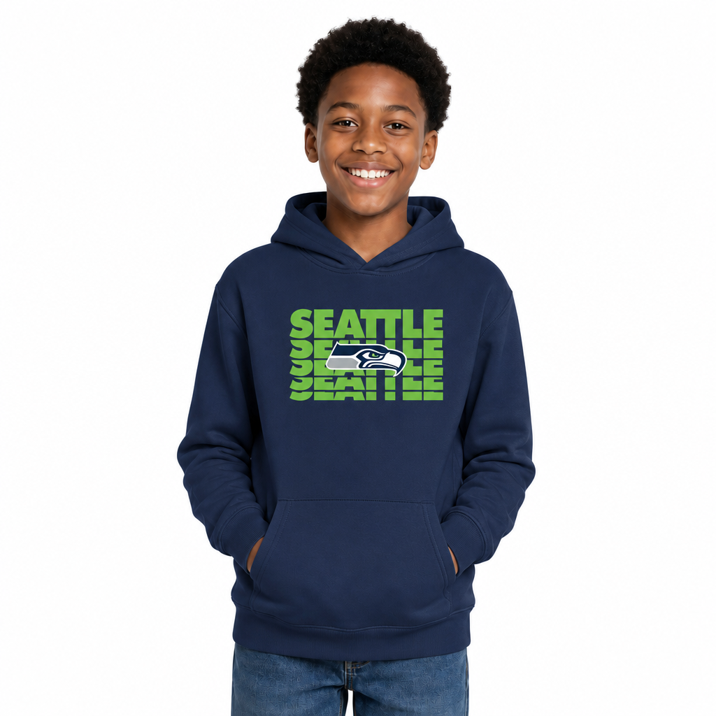 Seattle Seahawks NFL Youth Repeating Logo Football Fleece Hooded Sweatshirt - Navy