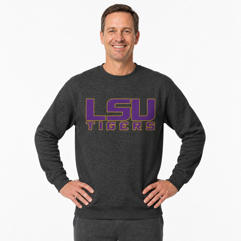 LSU Tigers NCAA Adult Charcoal Crewneck Fleece Sweatshirt - Charcoal