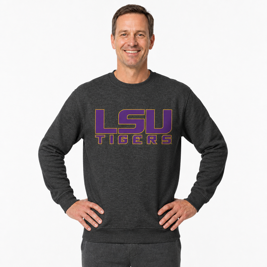 LSU Tigers NCAA Adult Charcoal Crewneck Fleece Sweatshirt - Charcoal