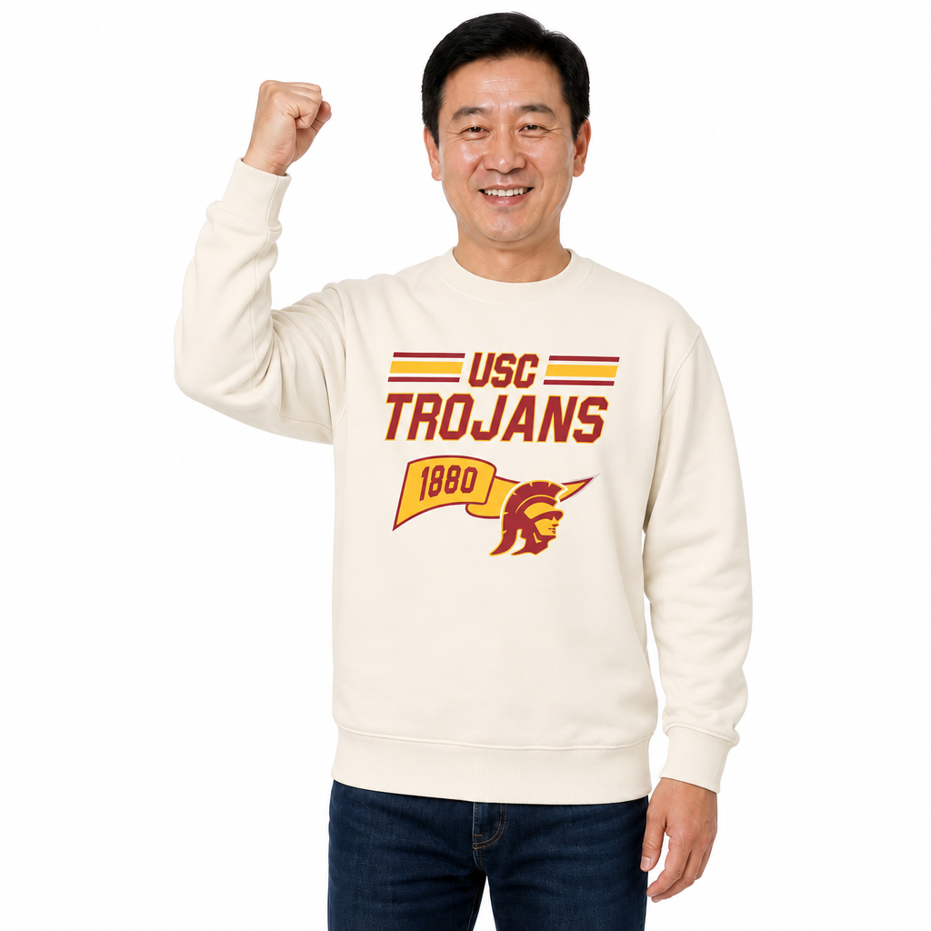 USC Trojans NCAA Varsity Pennant Crewneck Sweatshirt Men Women Fleece - Off White