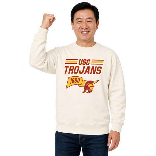 USC Trojans NCAA Varsity Pennant Crewneck Sweatshirt Men Women Fleece - Off White