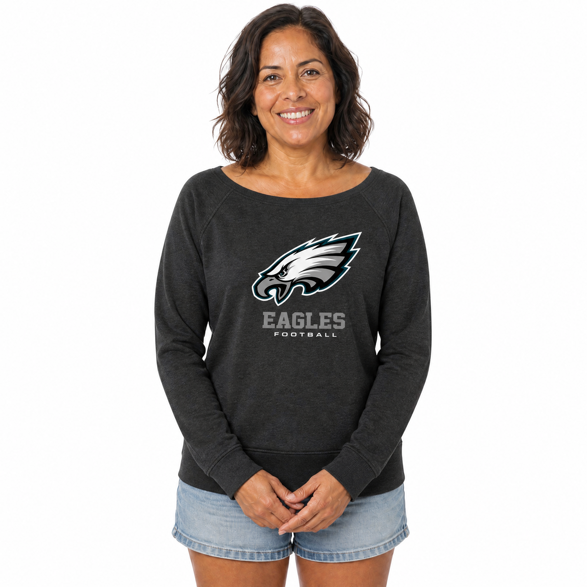 Philadelphia Eagles  Women NFL French Terry Slouchy Top Scoop Neckline - Charcoal